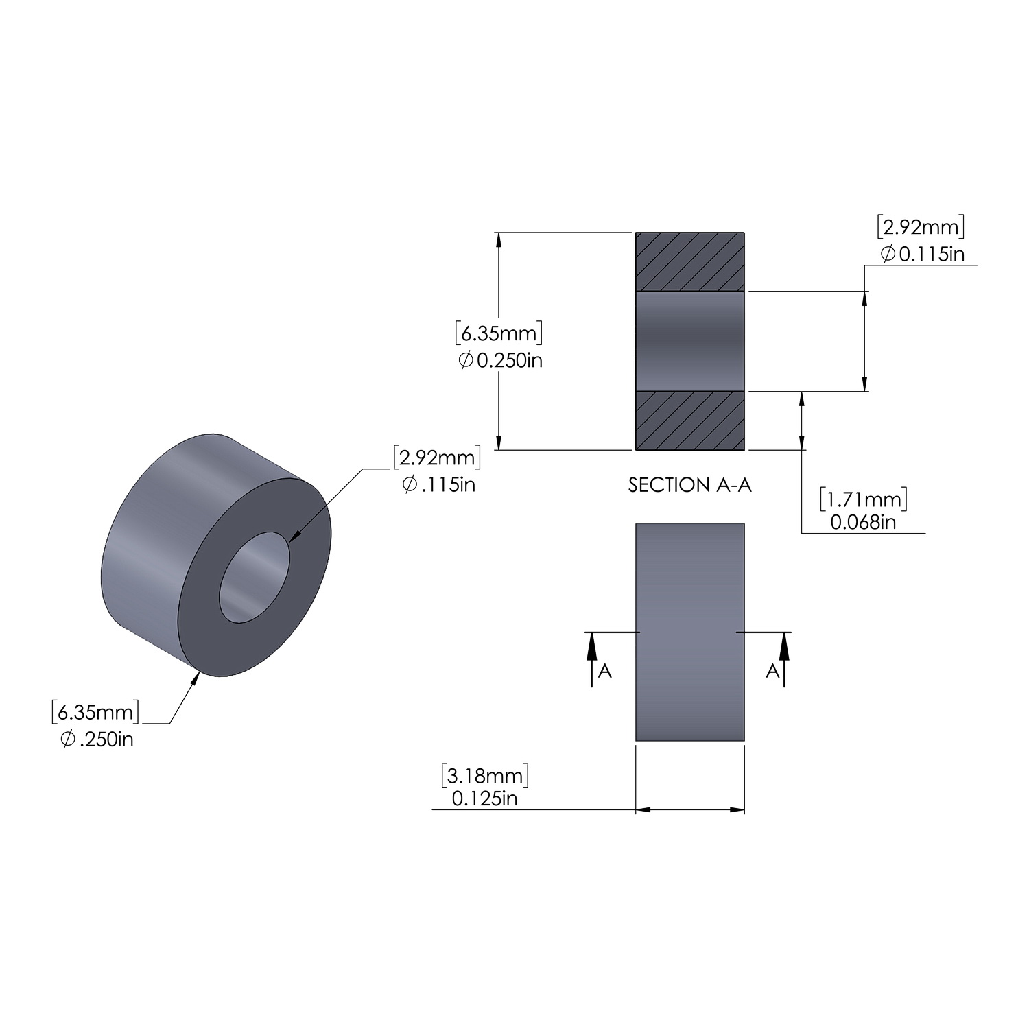 Aluminum Spacer 1/4'' OD x .115'' ID x 1/8'' Long, Plain Aluminum Finish