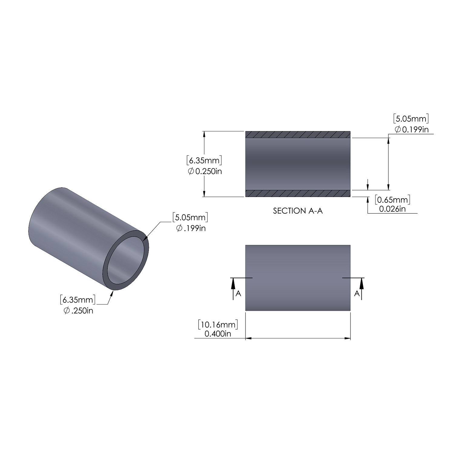 Aluminum Spacer 1/4'' OD x .199'' ID x.400'' Long