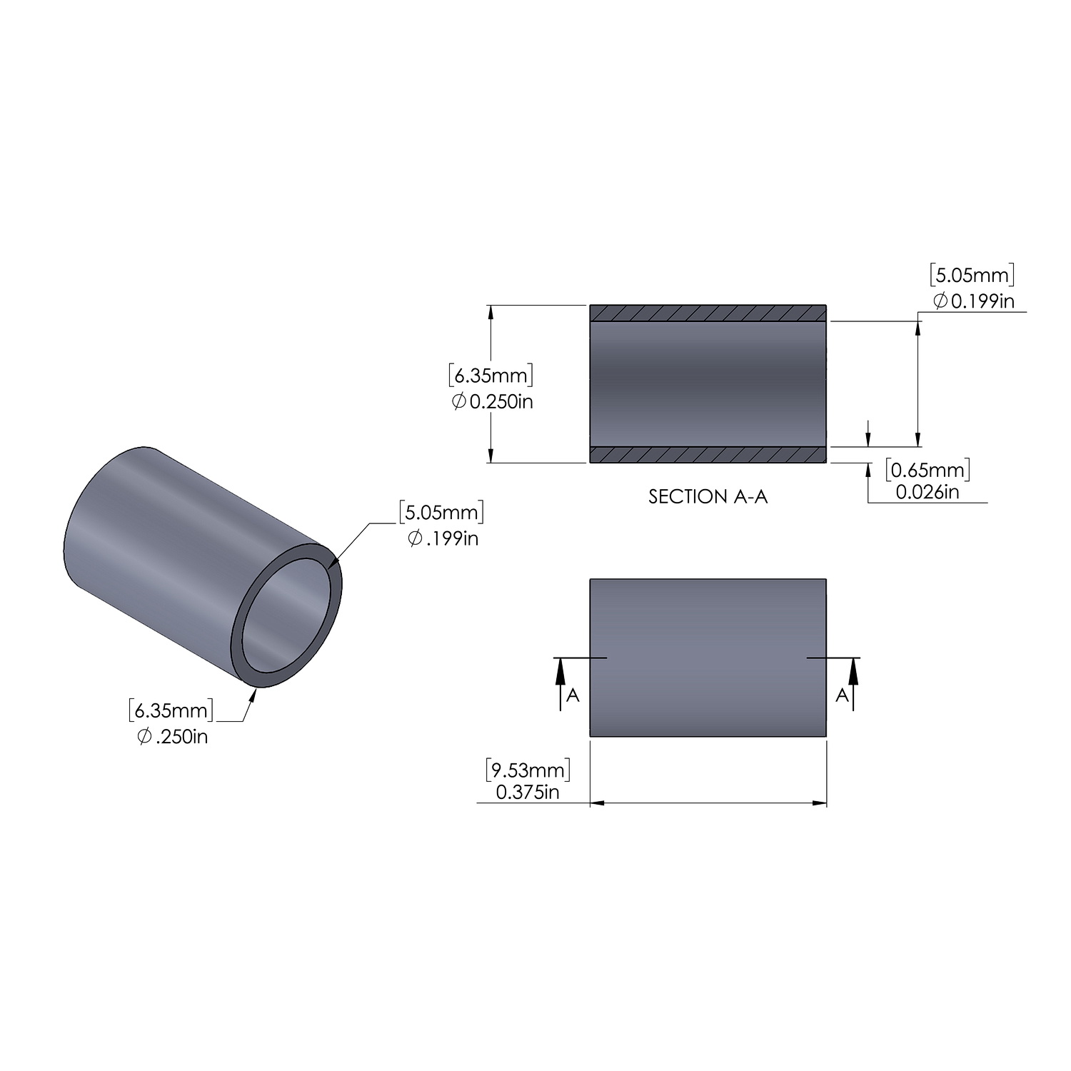 Aluminum Spacer 1/4'' OD x .199'' ID x 3/8'' Long, Plain Aluminum Finish