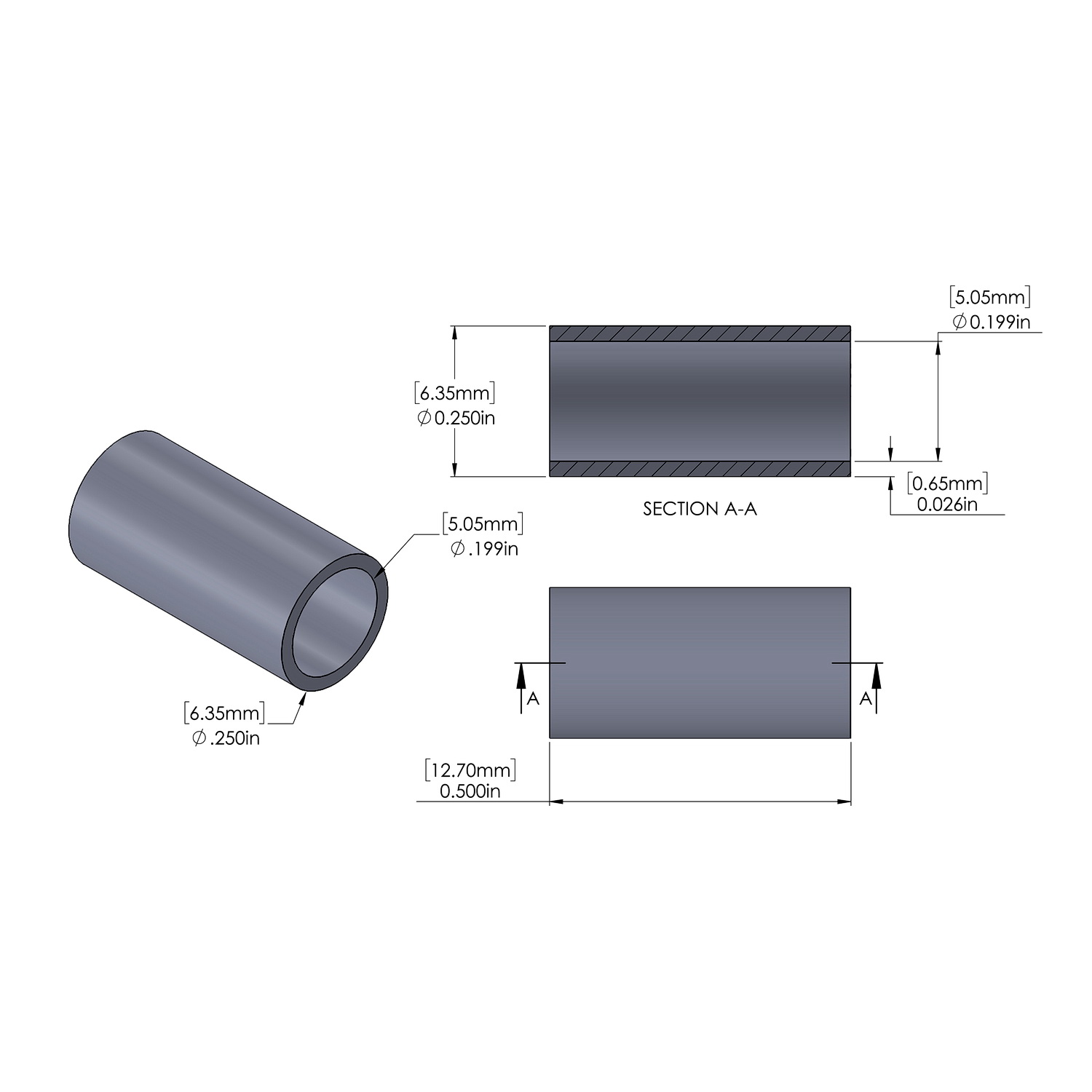 Aluminum Spacer 1/4'' OD x .199'' ID x 1/2'' Long, Plain Aluminum Finish