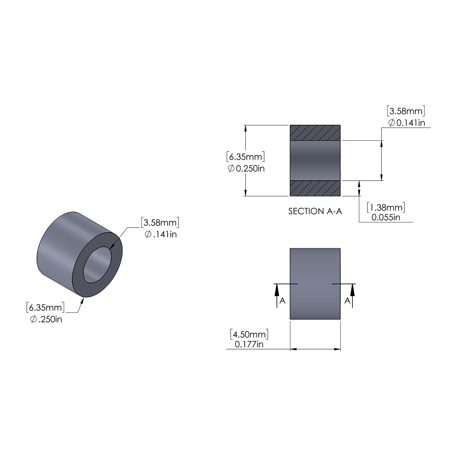 Aluminum Spacer 1/4'' OD x .141'' ID x .177'' Long, Plain Aluminum Finish