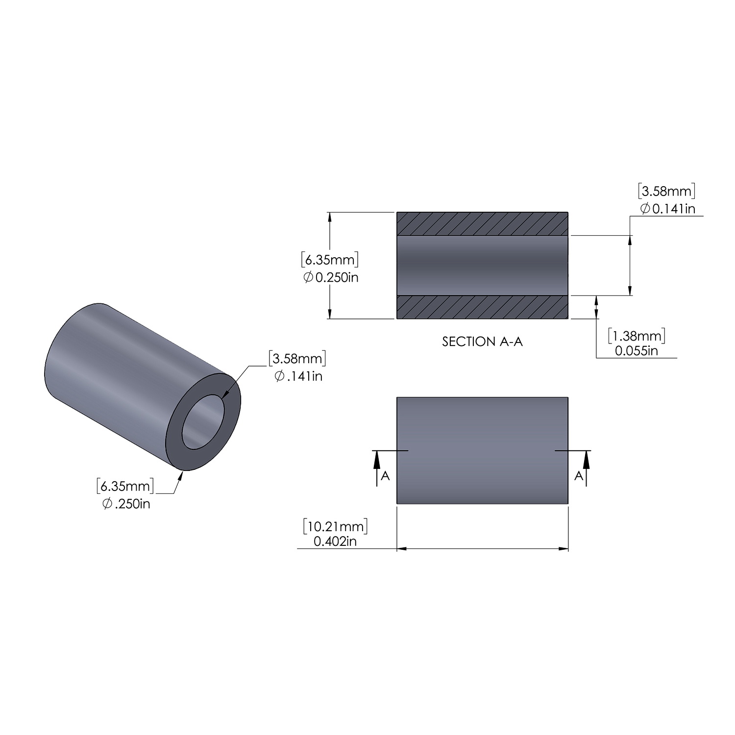 Aluminum Spacer 1/4'' OD x .141'' ID x .402'' Long, Plain Aluminum Finish