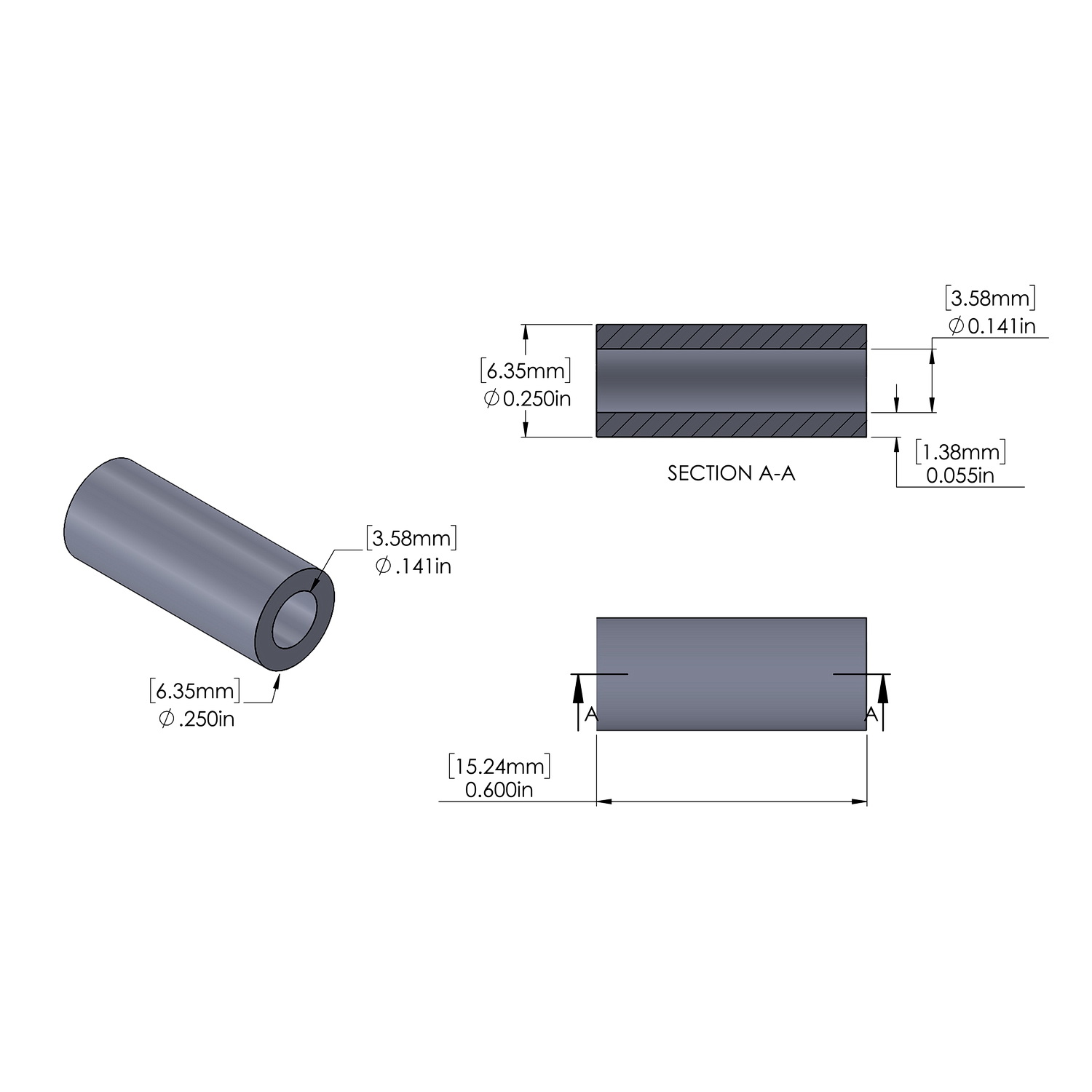 Aluminum Spacer 1/4'' OD x .141'' ID x .600'' Long, Plain Aluminum Finish