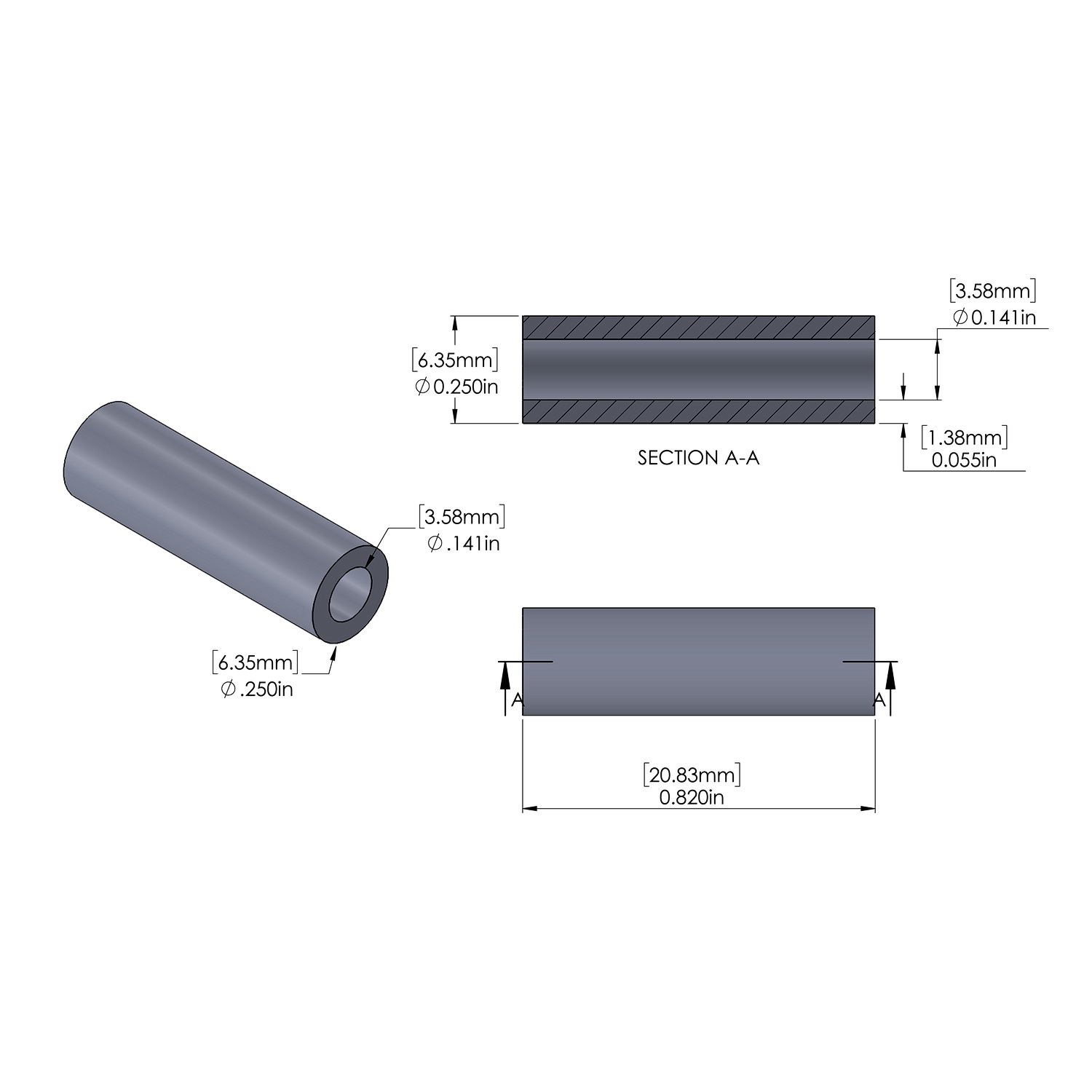 Aluminum Spacer 1/4'' OD x .141'' ID x .820'' Long, Plain Aluminum Finish