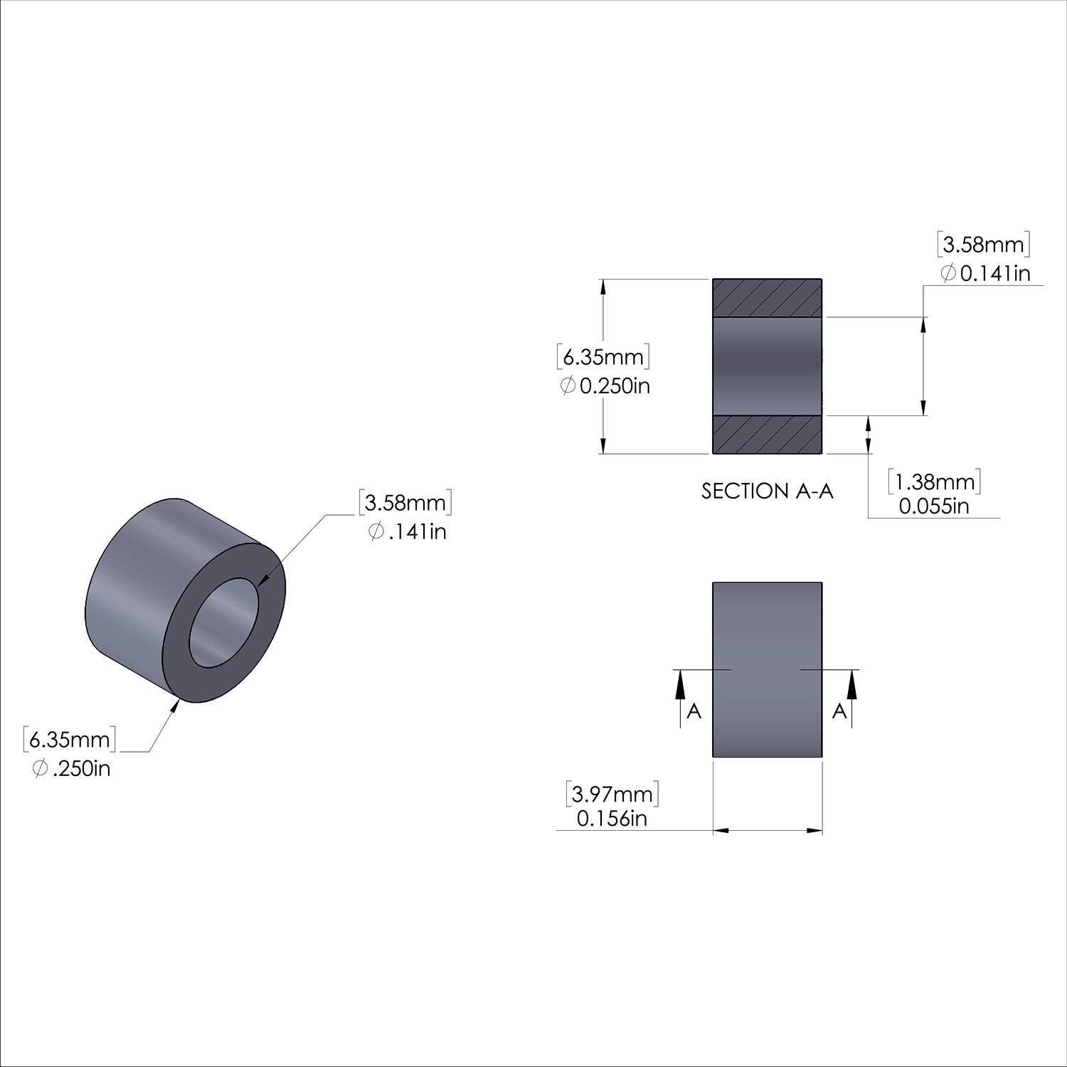 Aluminum Spacer 1/4'' OD x .141'' ID x 5/32'' Long- Burr, Plain Aluminum Finish