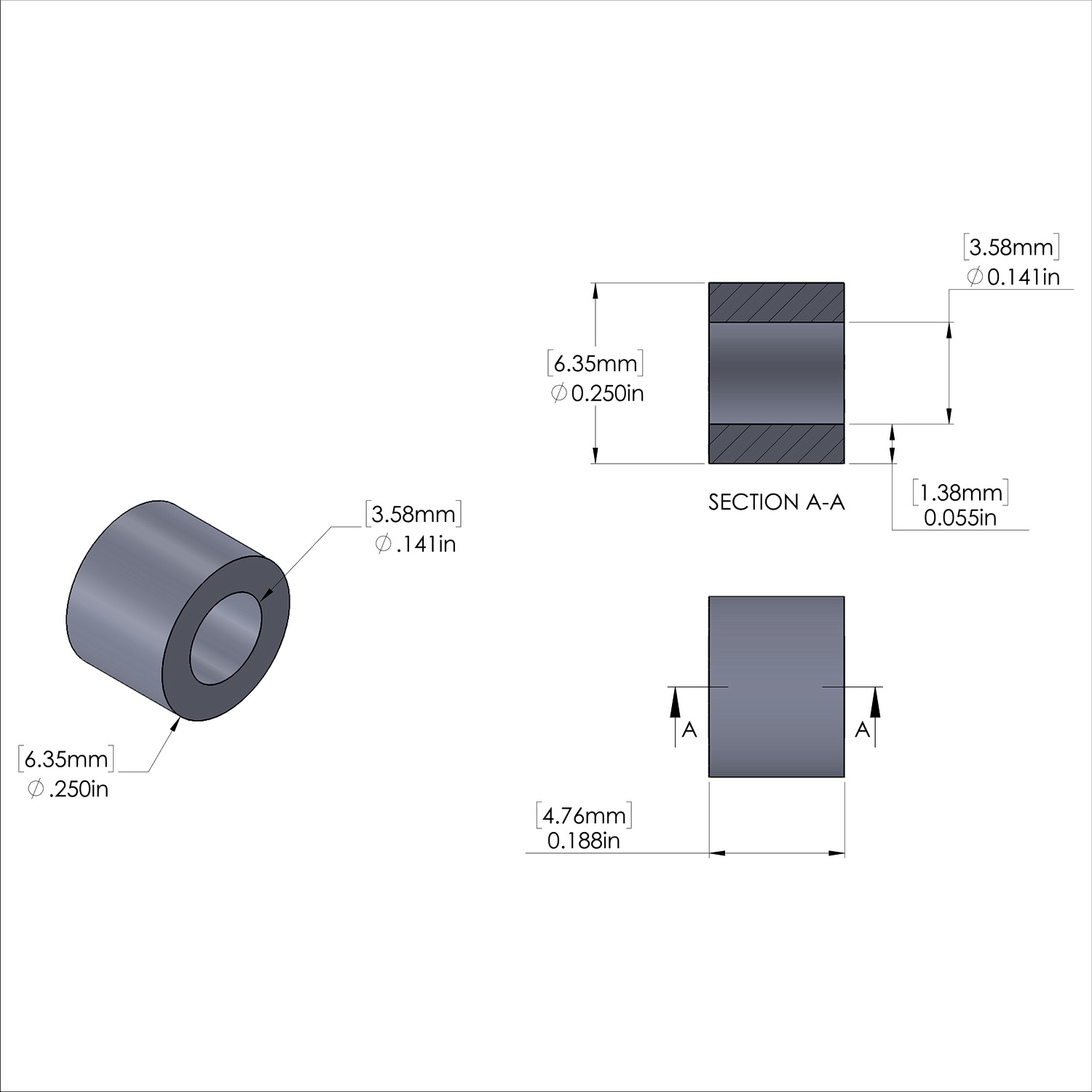 Aluminum Spacer 1/4'' OD x .141'' ID x 3/16'' Long, Plain Aluminum Finish