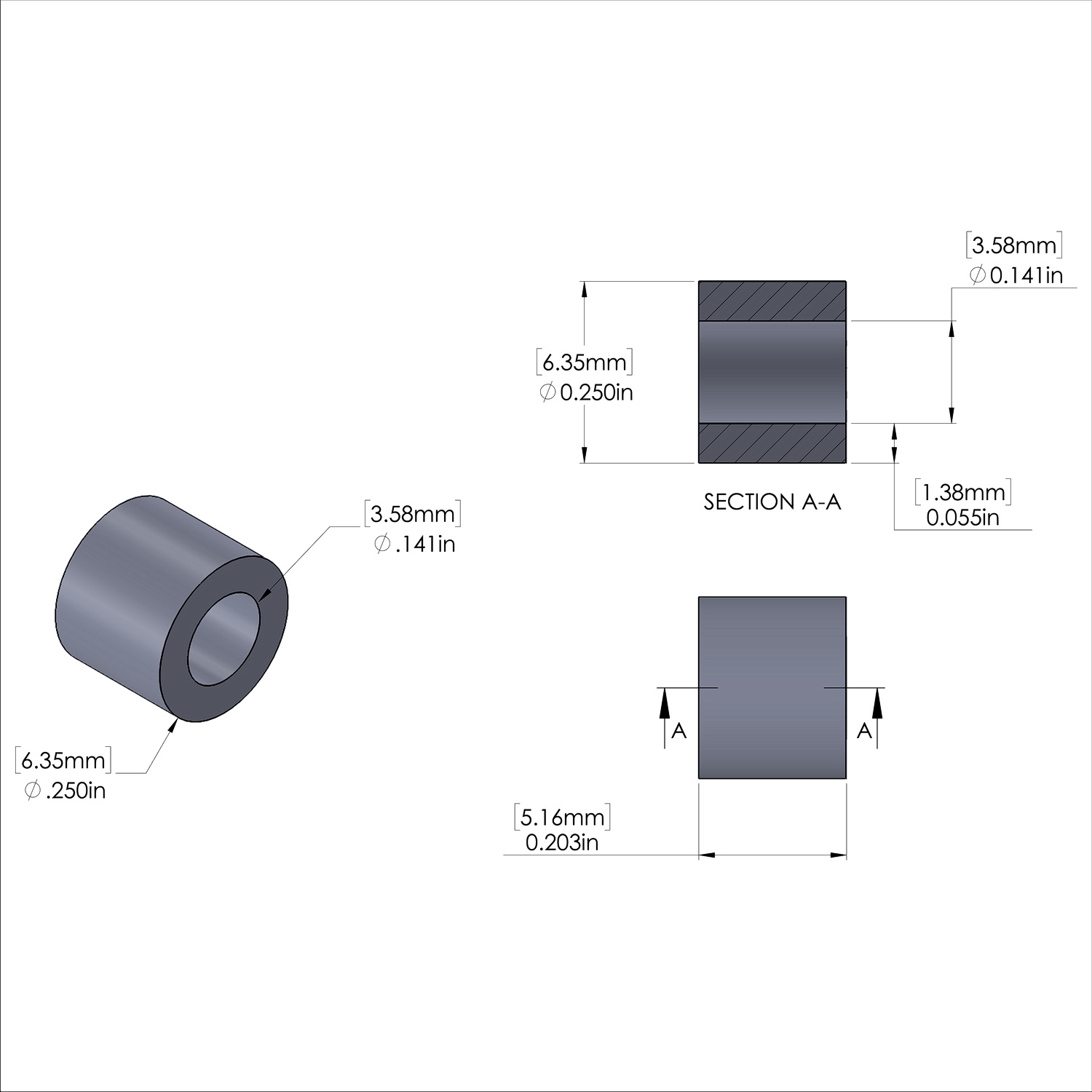 Aluminum Spacer 1/4'' OD x .141'' ID x 13/64'' Long, Plain Aluminum Finish