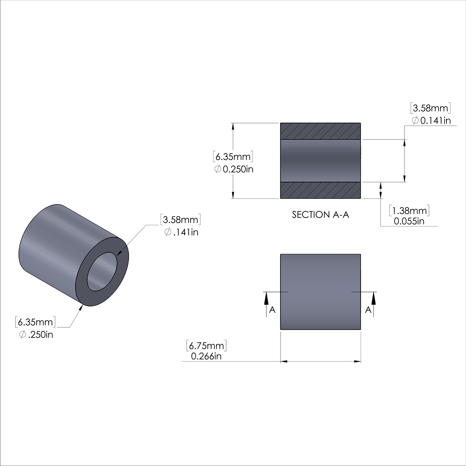 Aluminum Spacer 1/4'' OD x .141'' ID x 17/64'' Long, Plain Aluminum Finish