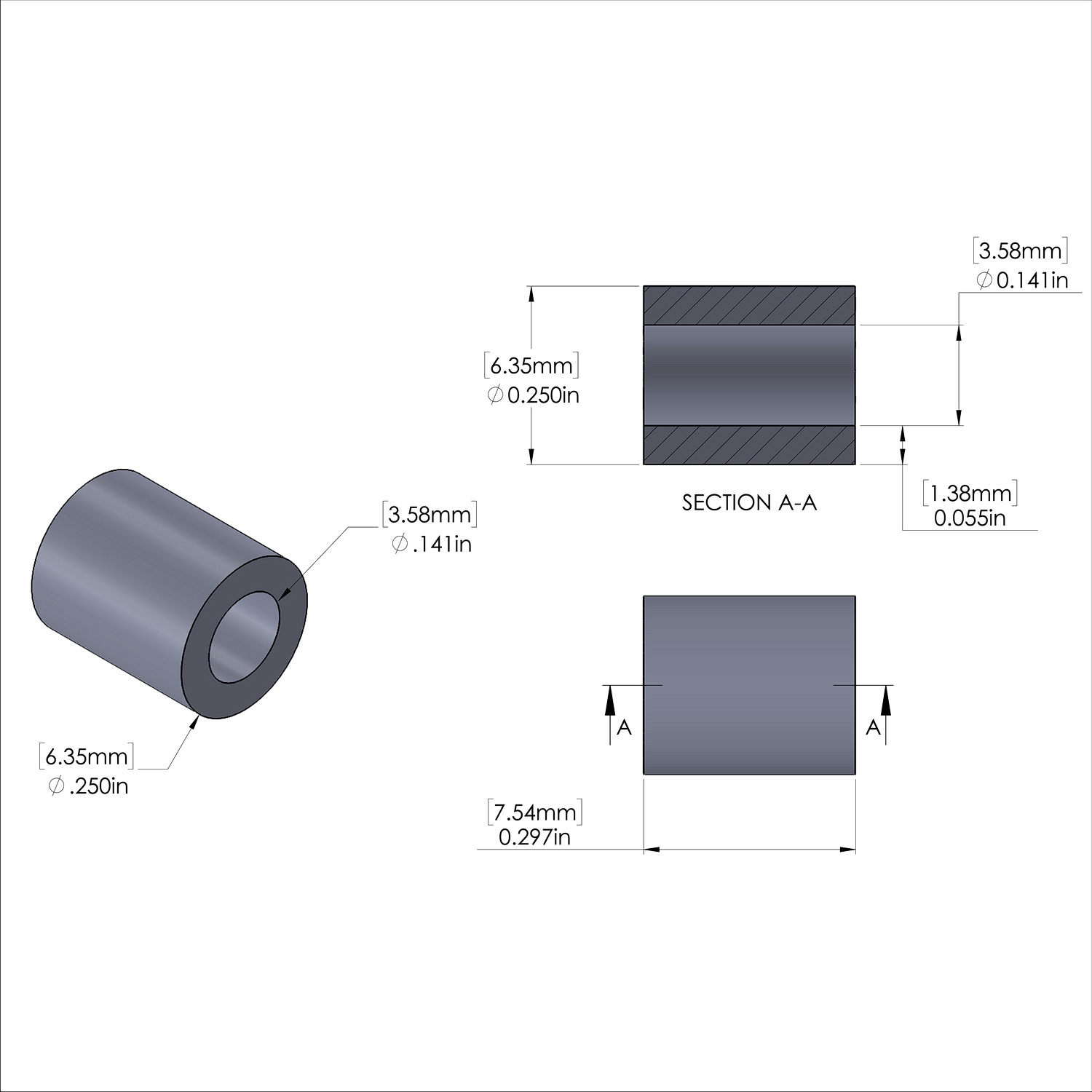 Aluminum Spacer 1/4'' OD x .141'' ID x 19/64'' Long, Plain Aluminum Finish