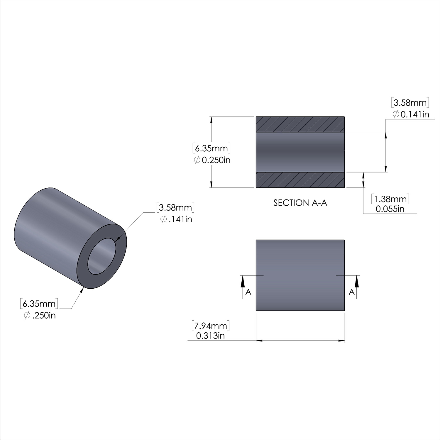 Aluminum Spacer 1/4'' OD x .141'' ID x 5/16'' Long, Black Anodized Finish