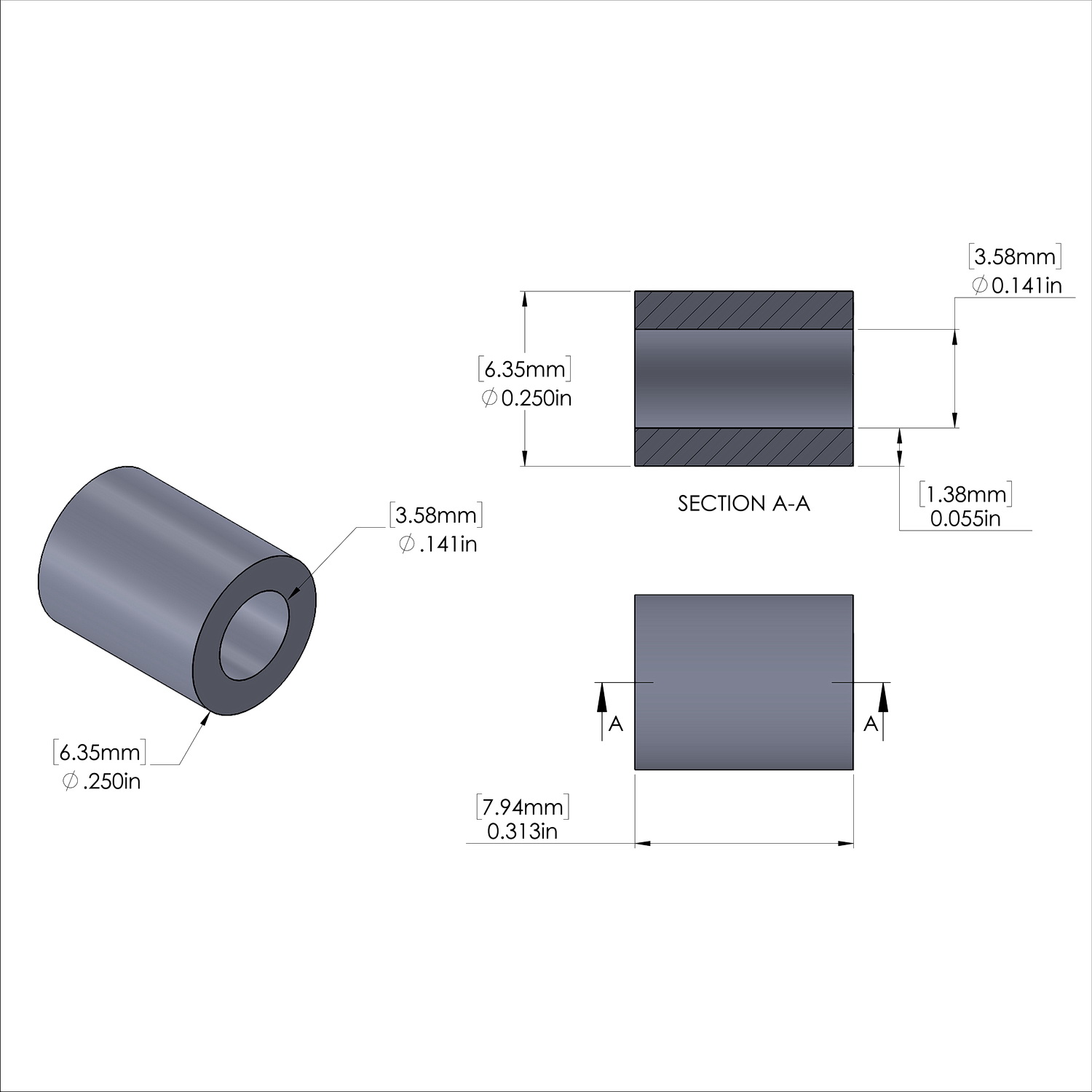 Aluminum Spacer 1/4'' OD x .141'' ID x 5/16'' Long, Plain Aluminum Finish
