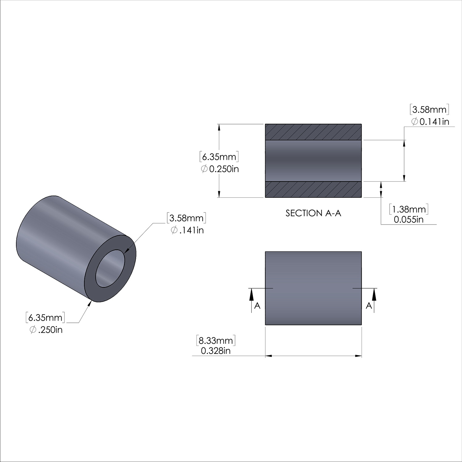 Aluminum Spacer 1/4'' OD x .141'' ID x 21/64'' Long, Plain Aluminum Finish