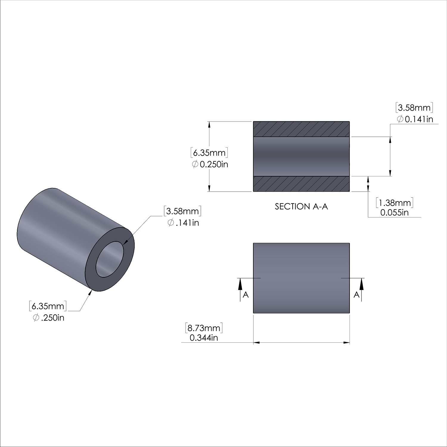 Aluminum Spacer 1/4'' OD x .141'' ID x 11/32'' Long, Plain Aluminum Finish