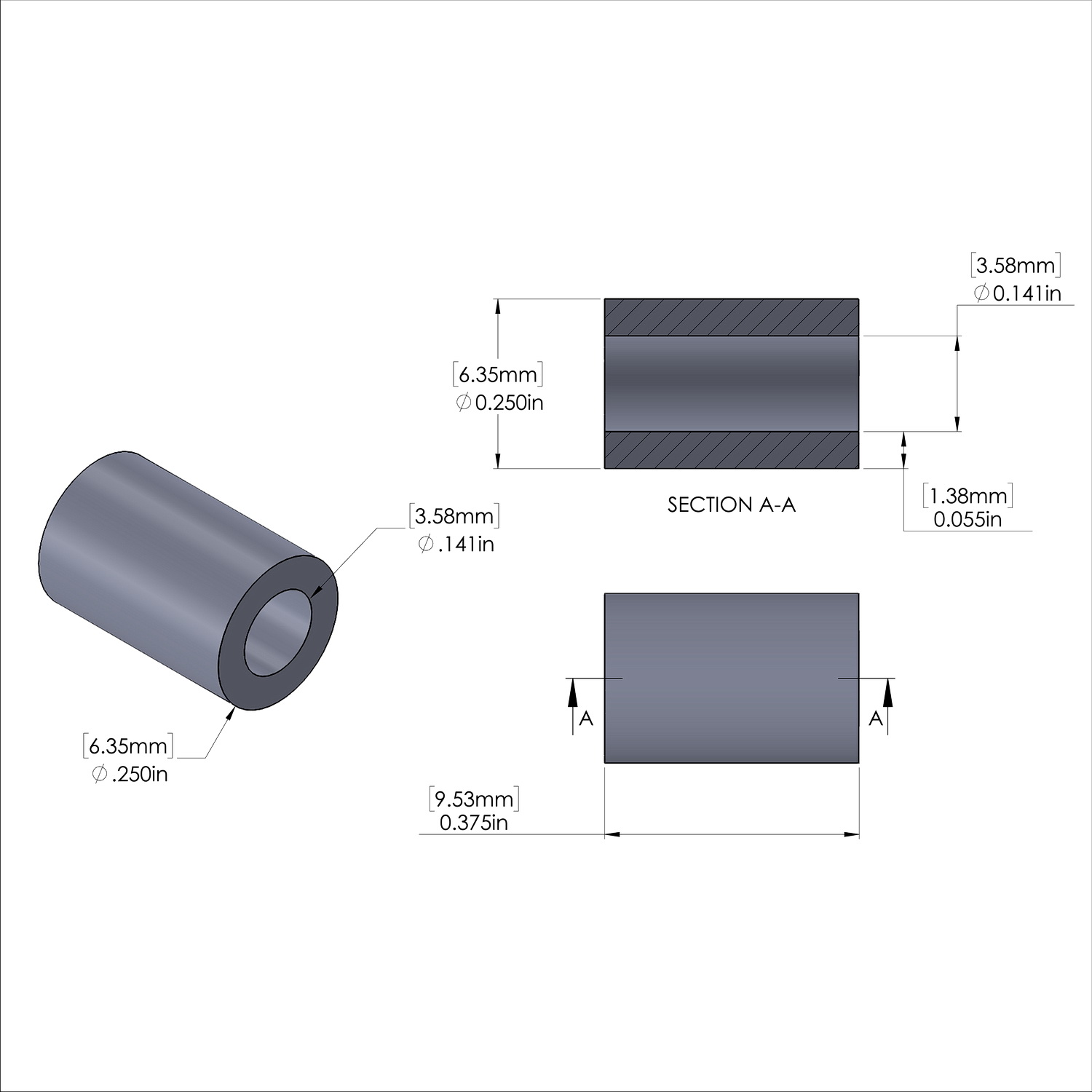 Aluminum Spacer 1/4'' OD x .141'' ID x 3/8'' Long - Black Anodized