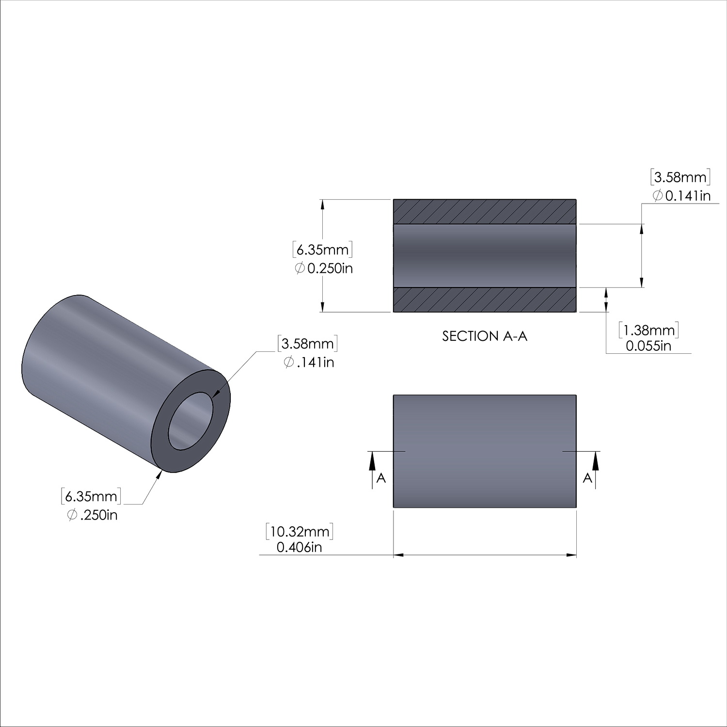 Aluminum Spacer 1/4'' OD x .141'' ID x 13/32'' Long, Black Anodized Finish