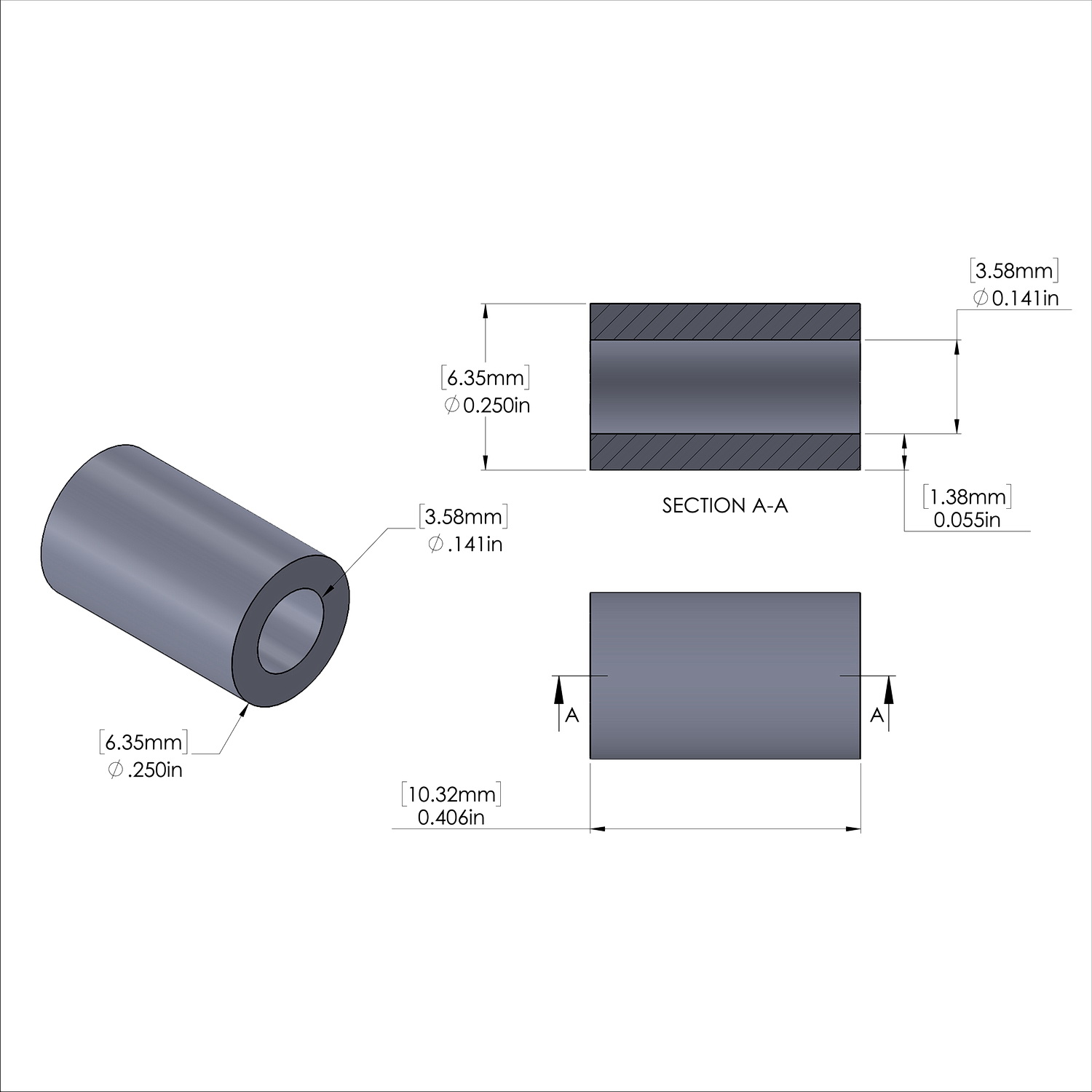 Aluminum Spacer 1/4'' OD x .141'' ID x 13/32'' Long