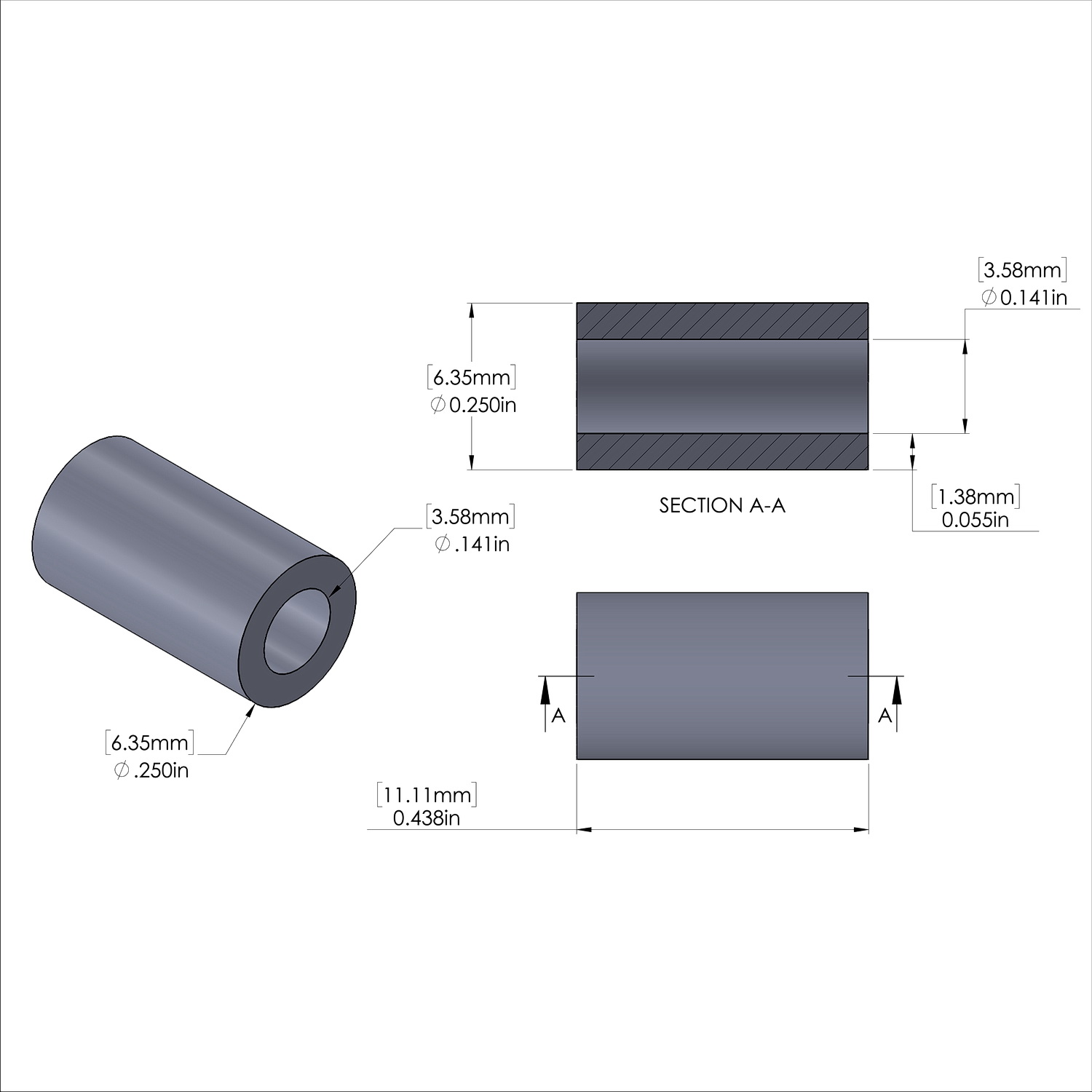 Aluminum Spacer 1/4'' OD x .141'' ID x 7/16'' Long, Black Anodized Finish