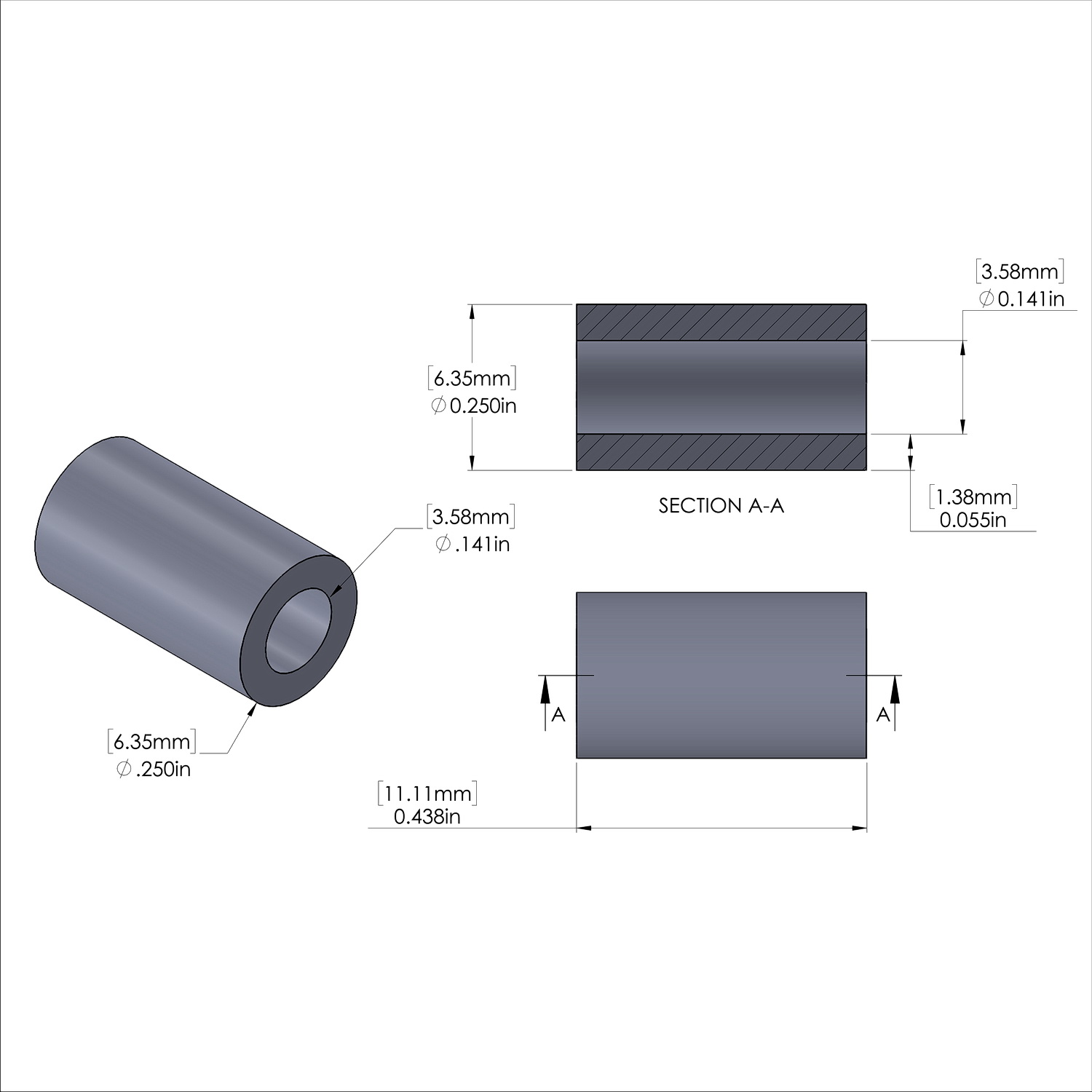 Aluminum Spacer 1/4'' OD x .141'' ID x 7/16'' Long, Plain Aluminum Finish