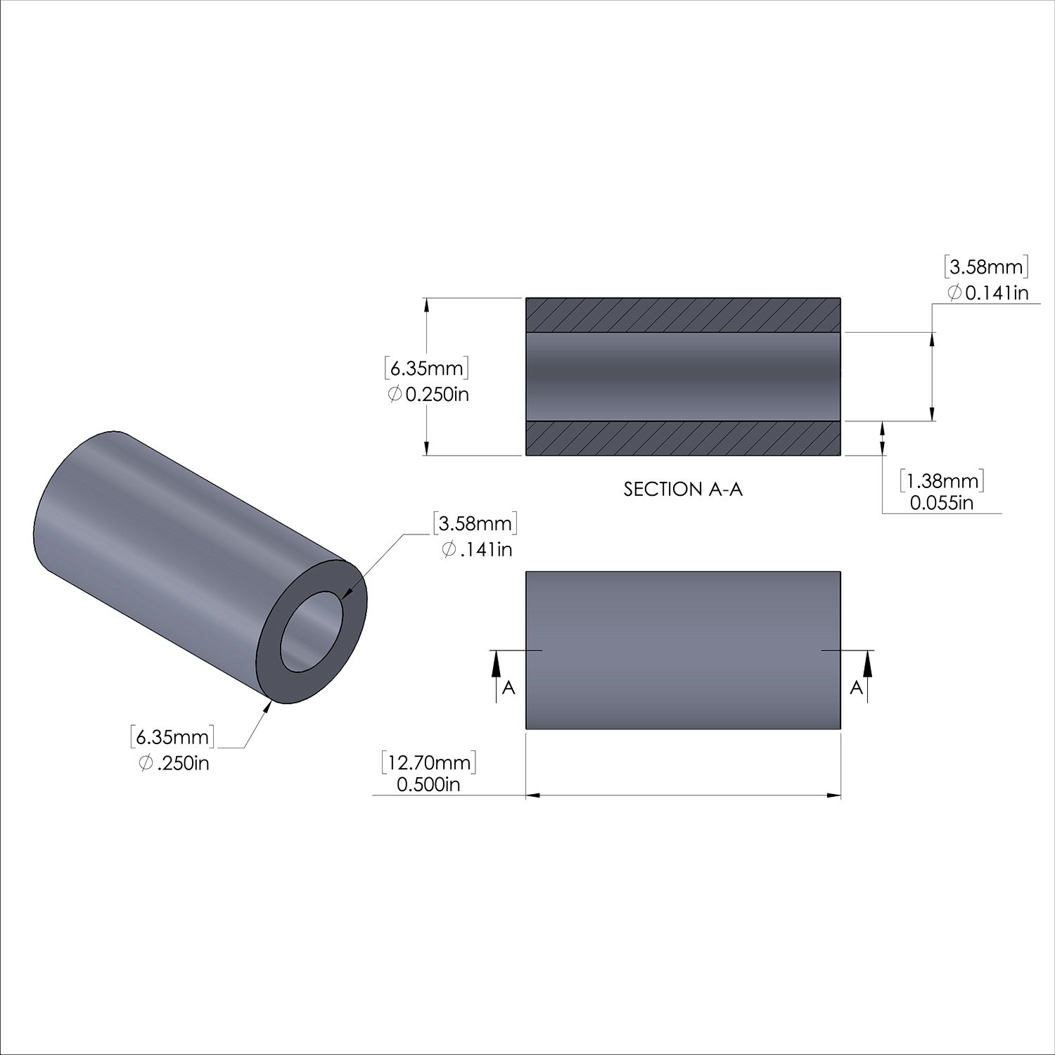 Aluminum Spacer 1/4'' OD x .141'' ID x 1/2'' Long, Plain Aluminum Finish