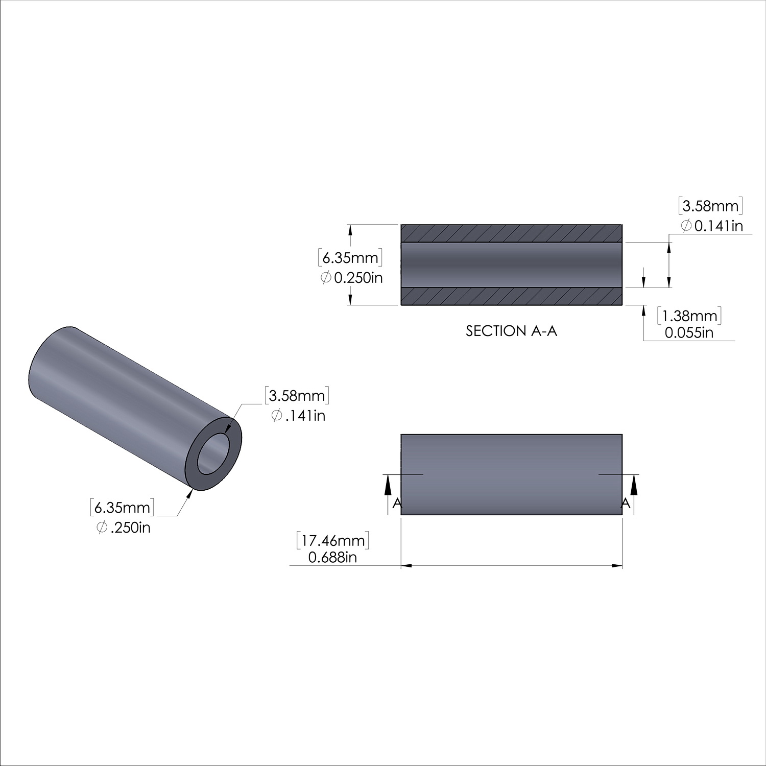 Aluminum Spacer 1/4'' OD x .141'' ID x 11/16'' Long, Plain Aluminum Finish