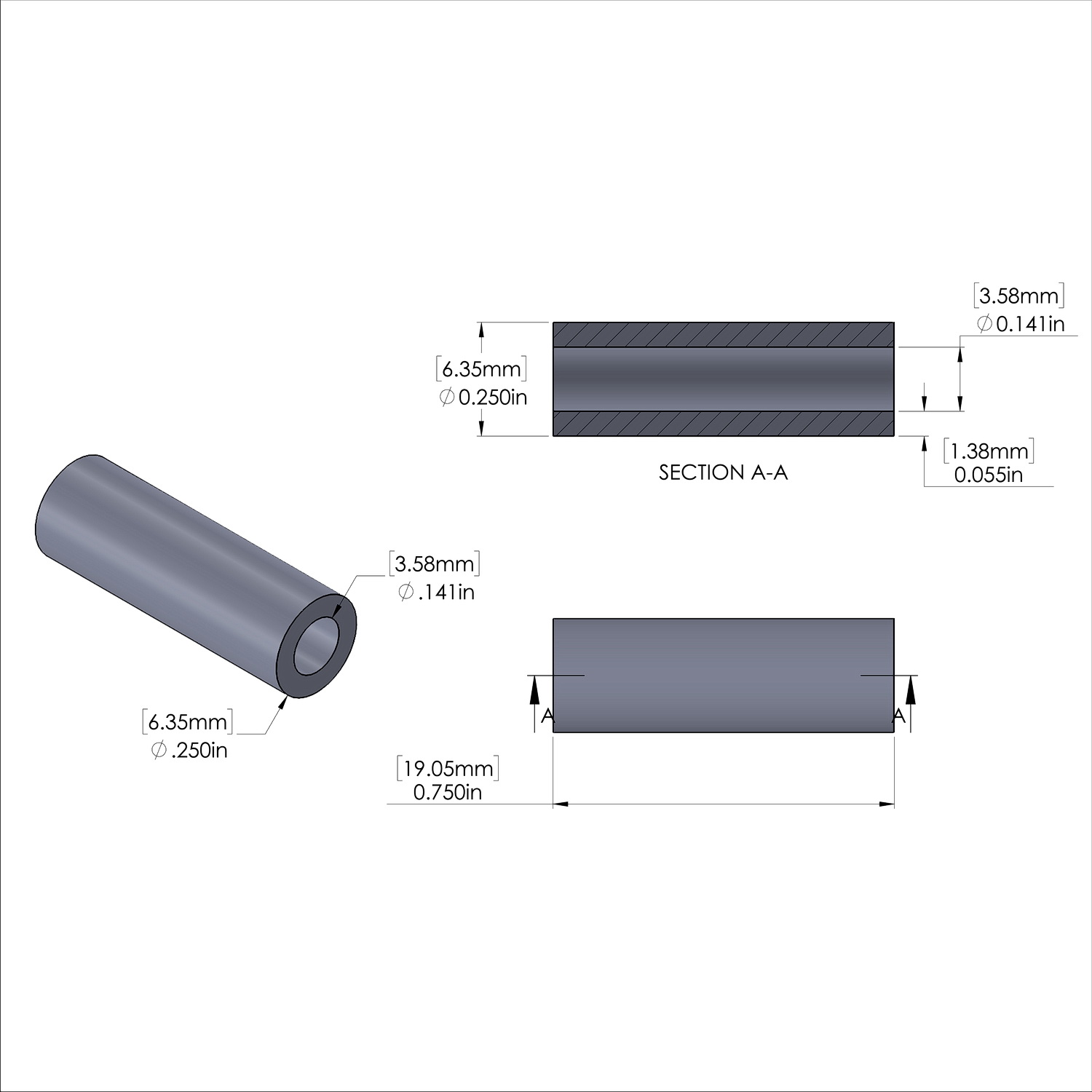 Aluminum Spacer 1/4'' OD x .141'' ID x 3/4'' Long, Black Anodized Finish