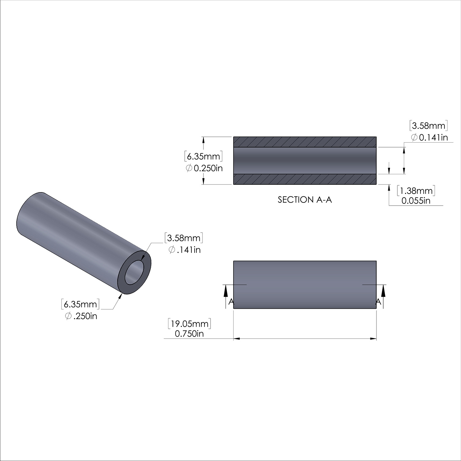 Aluminum Spacer 1/4'' OD x .141'' ID x 3/4'' Long, Plain Aluminum Finish