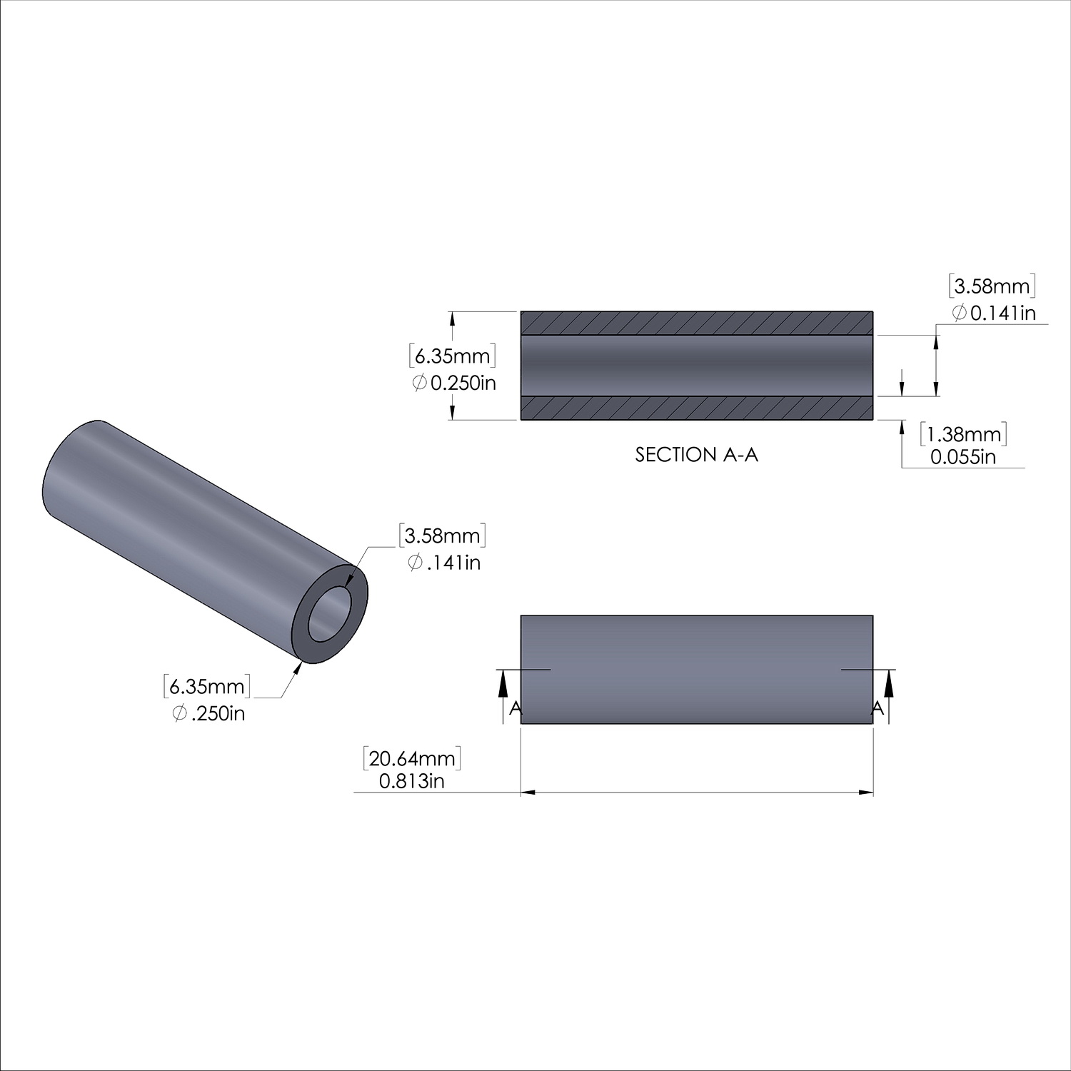 Aluminum Spacer 1/4'' OD x .141'' ID x 13/16'' Long