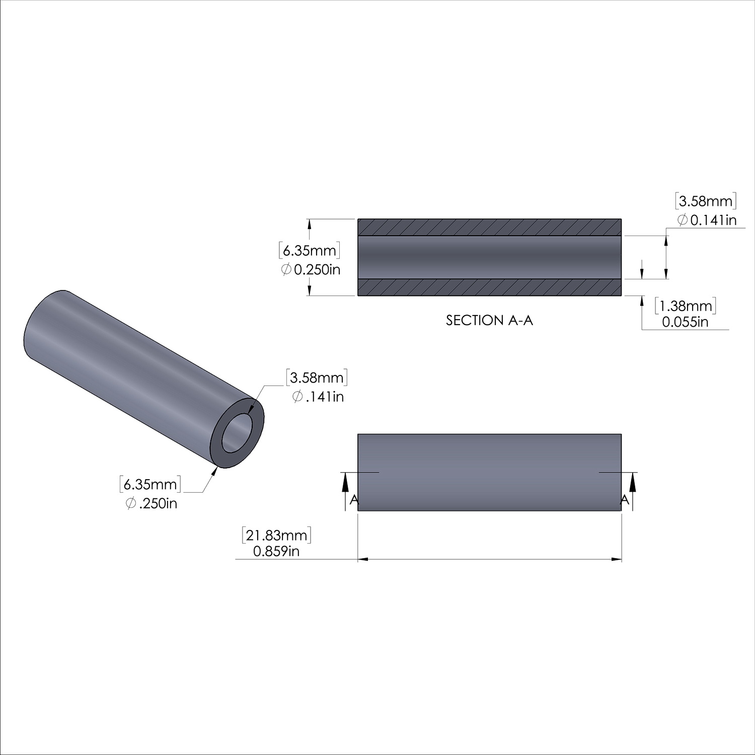 Aluminum Spacer 1/4'' OD x .141'' ID x 55/64'' Long, Plain Aluminum Finish