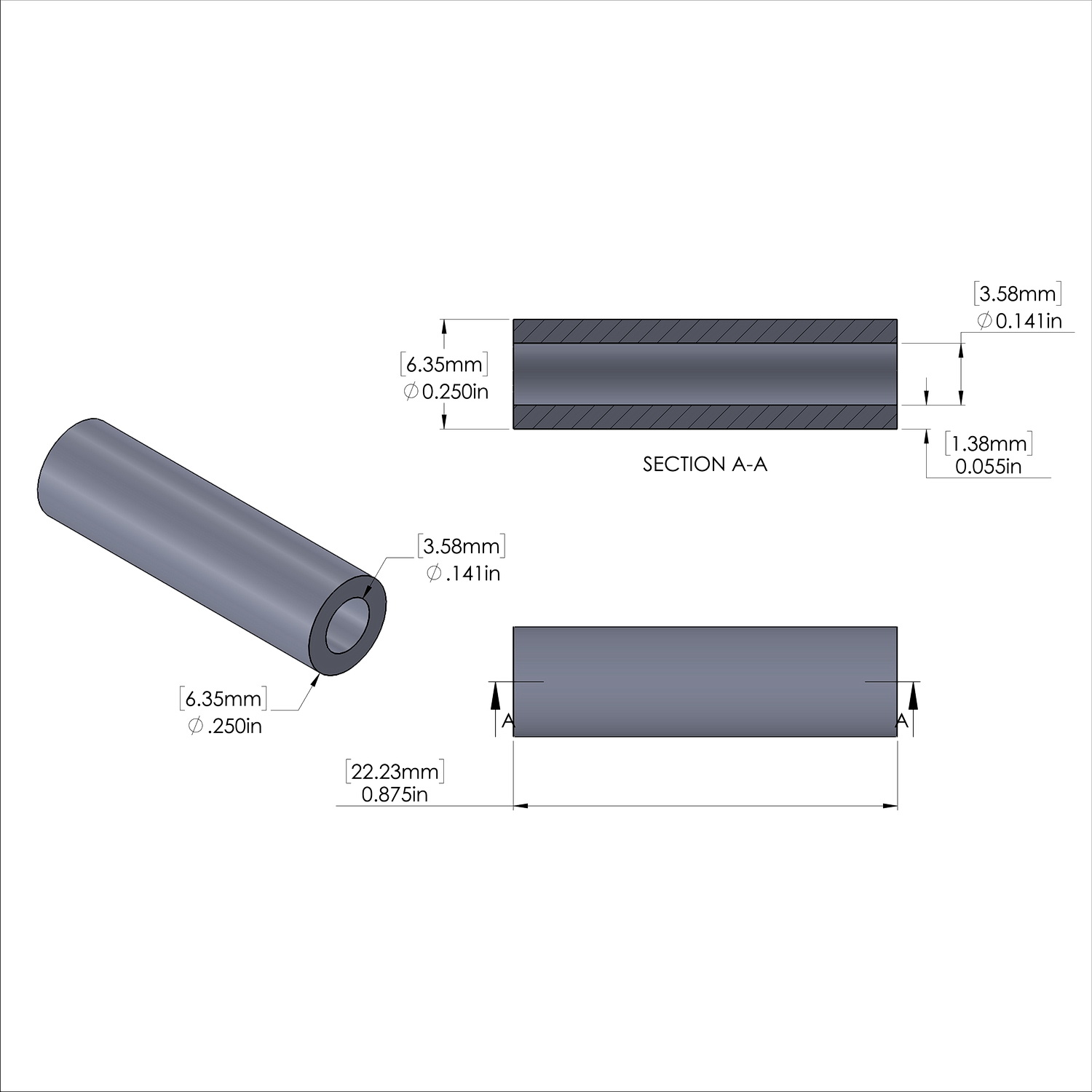 Aluminum Spacer 1/4'' OD x .141'' ID x 7/8'' Long, Plain Aluminum Finish