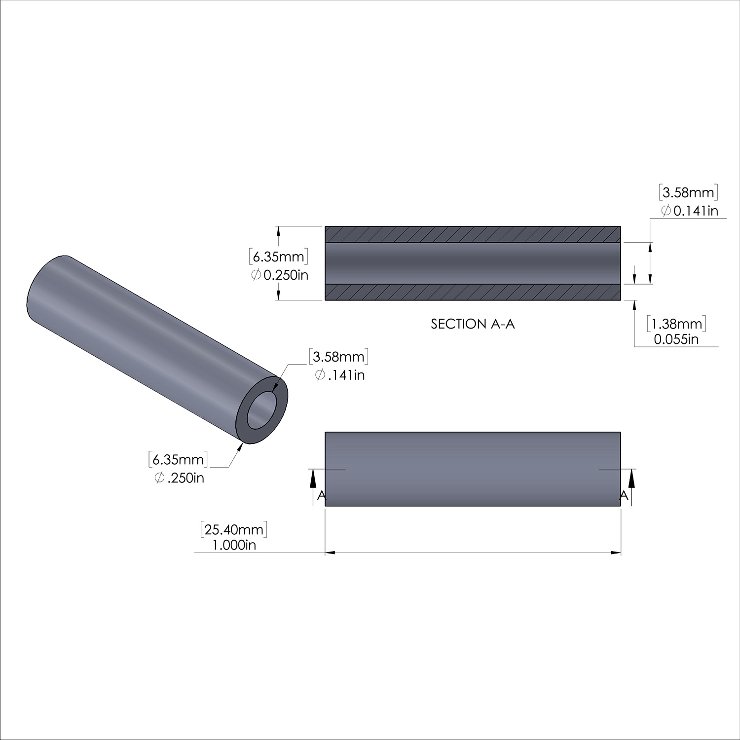 Aluminum Spacer 1/4'' OD x .141'' ID x 1.000'' Long, Black Anodized Finish