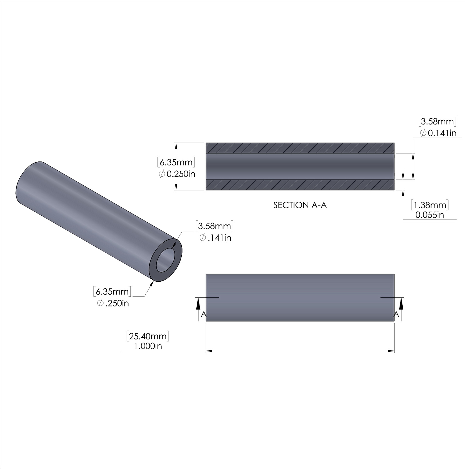 Aluminum Spacer 1/4'' OD x .141'' ID x 1.000'' Long, Plain Aluminum Finish