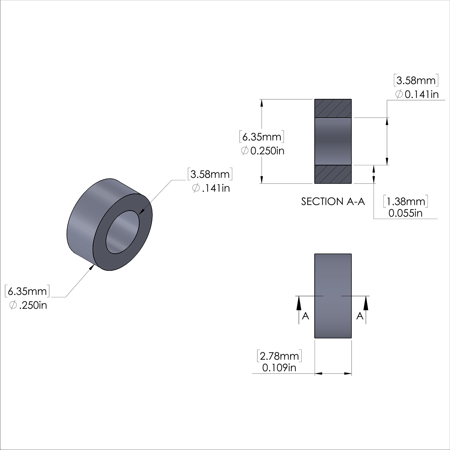 Aluminum Spacer 1/4'' OD x .141'' ID x 7/64'' Long