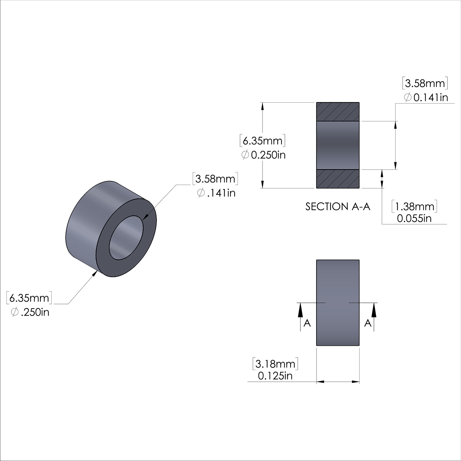 Aluminum Spacer 1/4'' OD x .141'' ID x 1/8'' Long, Plain Aluminum Finish