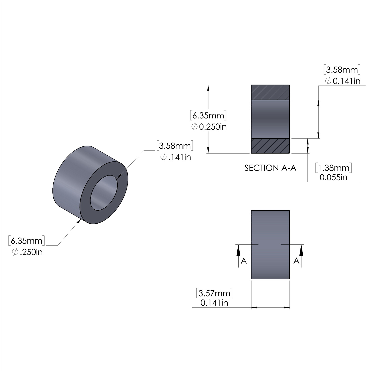 Aluminum Spacer 1/4'' OD x .141'' ID x 9/64'' Long - Black Anodized