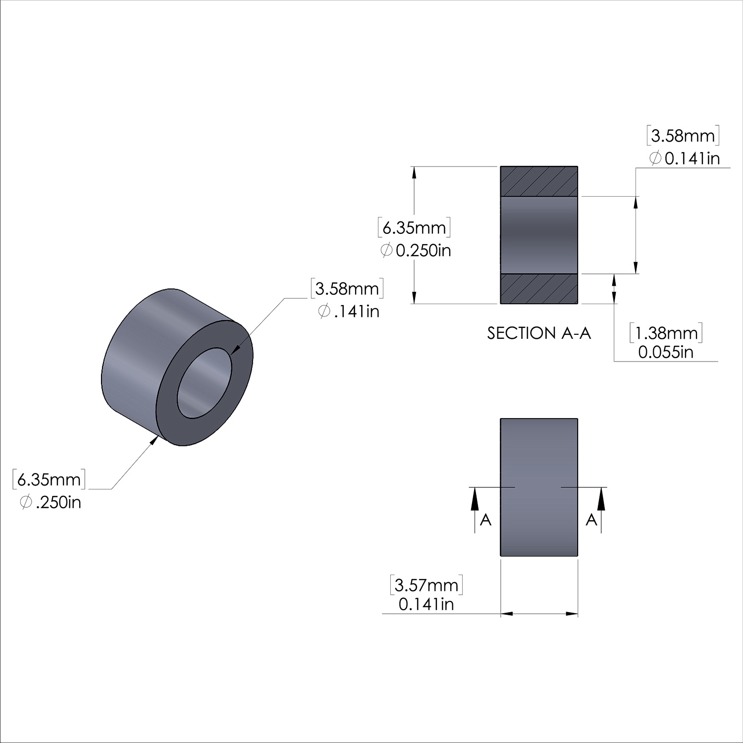 Aluminum Spacer 1/4'' OD x .141'' ID x 9/64'' Long, Plain Aluminum Finish
