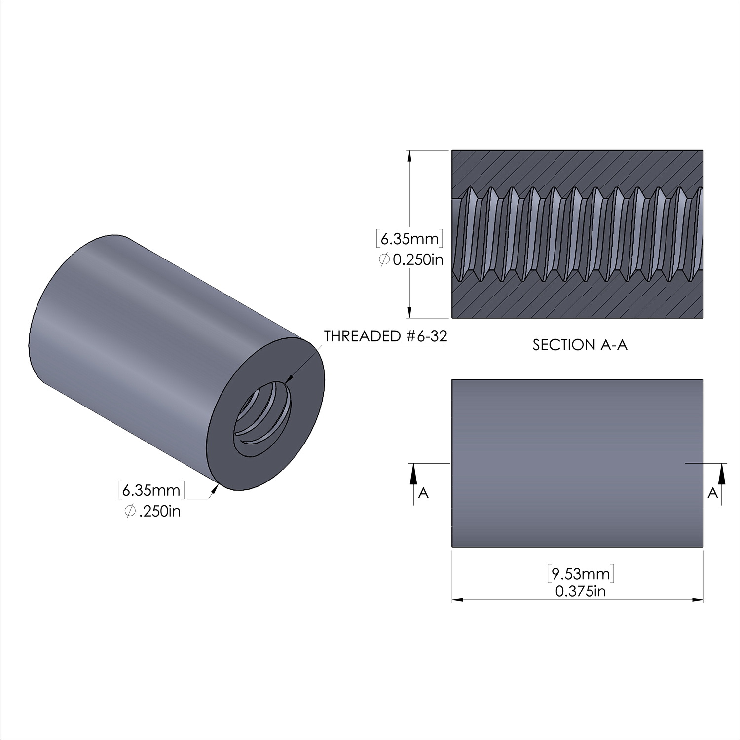 Aluminum Standoff 1/4'' OD x 6-32 Thread x 3/8'' Long, Plain Aluminum Finish