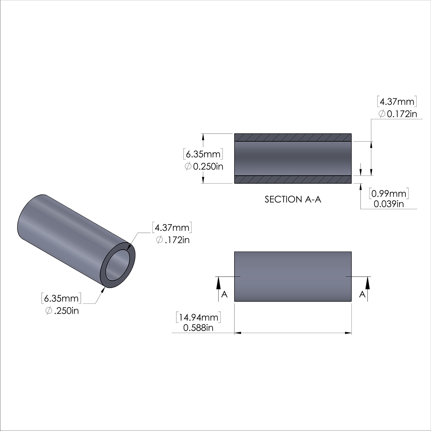 Aluminum Spacer 1/4'' OD x .172'' ID x .588'' Long, Plain Aluminum Finish