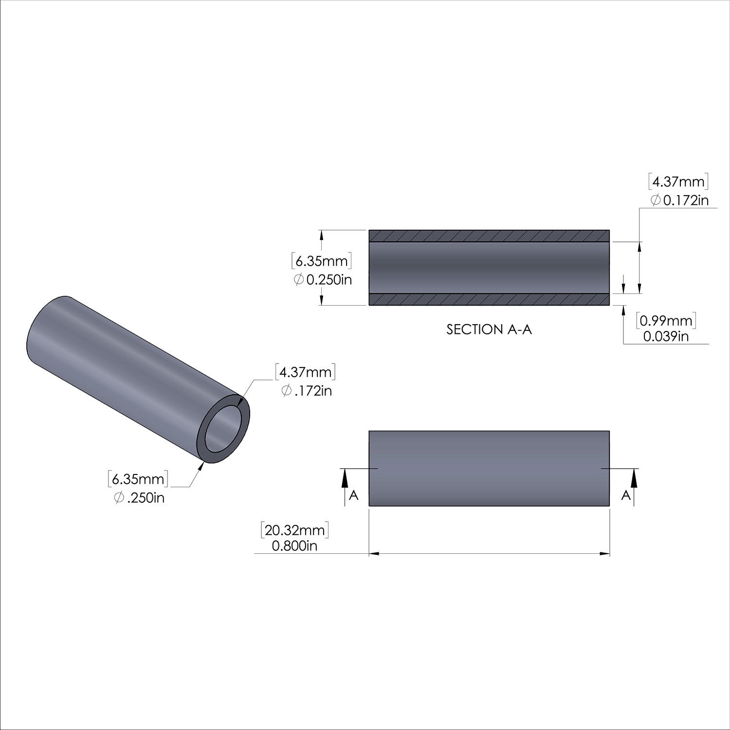 Aluminum Spacer 1/4'' OD x .172'' ID x .800'' Long, Plain Aluminum Finish