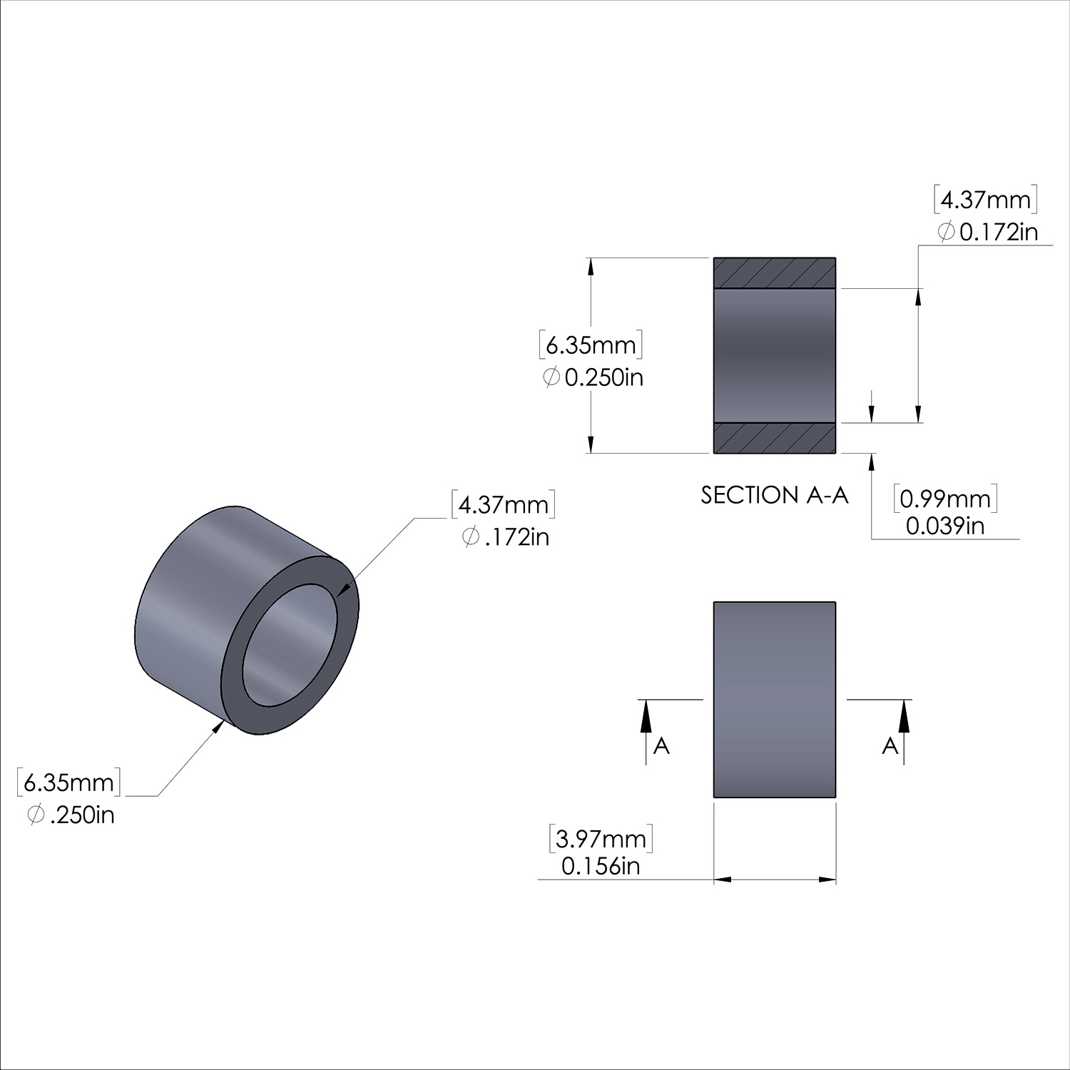 Aluminum Spacer 1/4'' OD x .172'' ID x 5/32'' Long, Plain Aluminum Finish