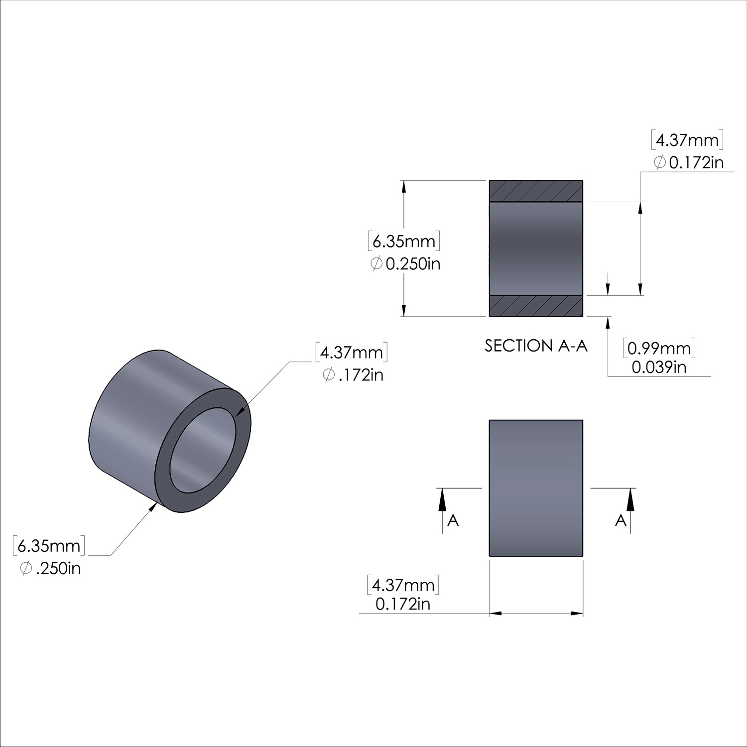Aluminum Spacer 1/4'' OD x .172'' ID x 11/64'' Long, Plain Aluminum Finish