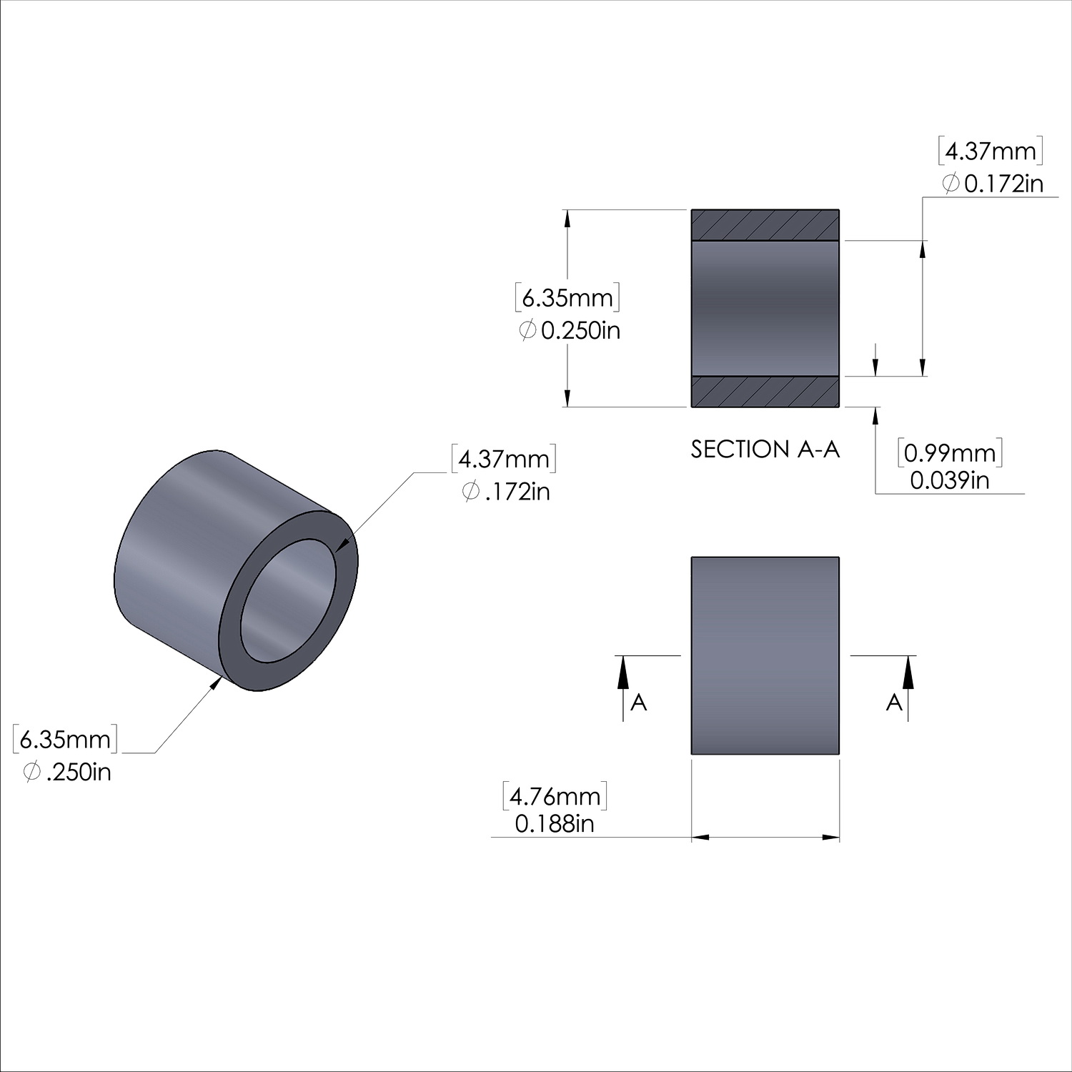 Aluminum Spacer 1/4'' OD x .172'' ID x 3/16'' Long, Black Anodized Finish