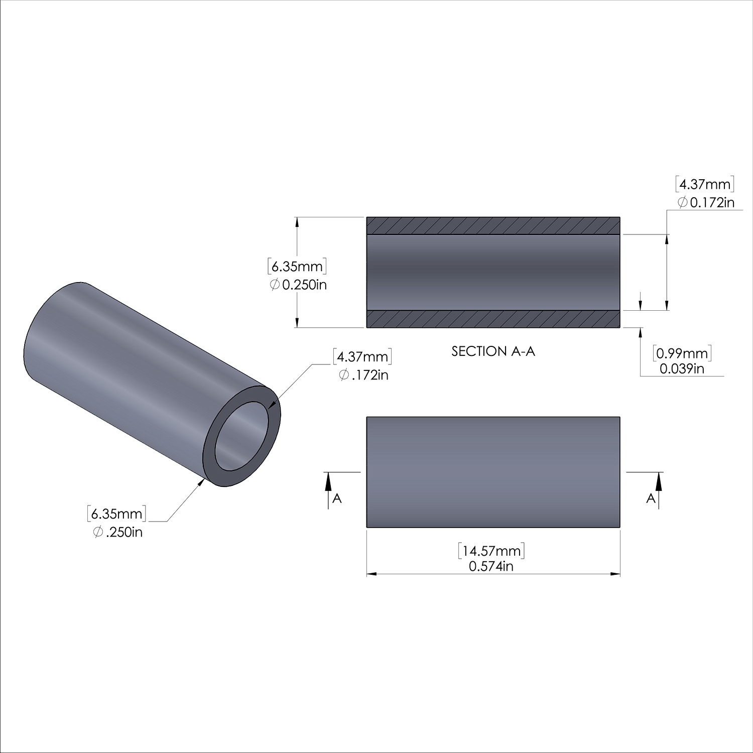 Aluminum Spacer 1/4'' OD x .172'' ID x 14.57M'' Long, Plain Aluminum Finish