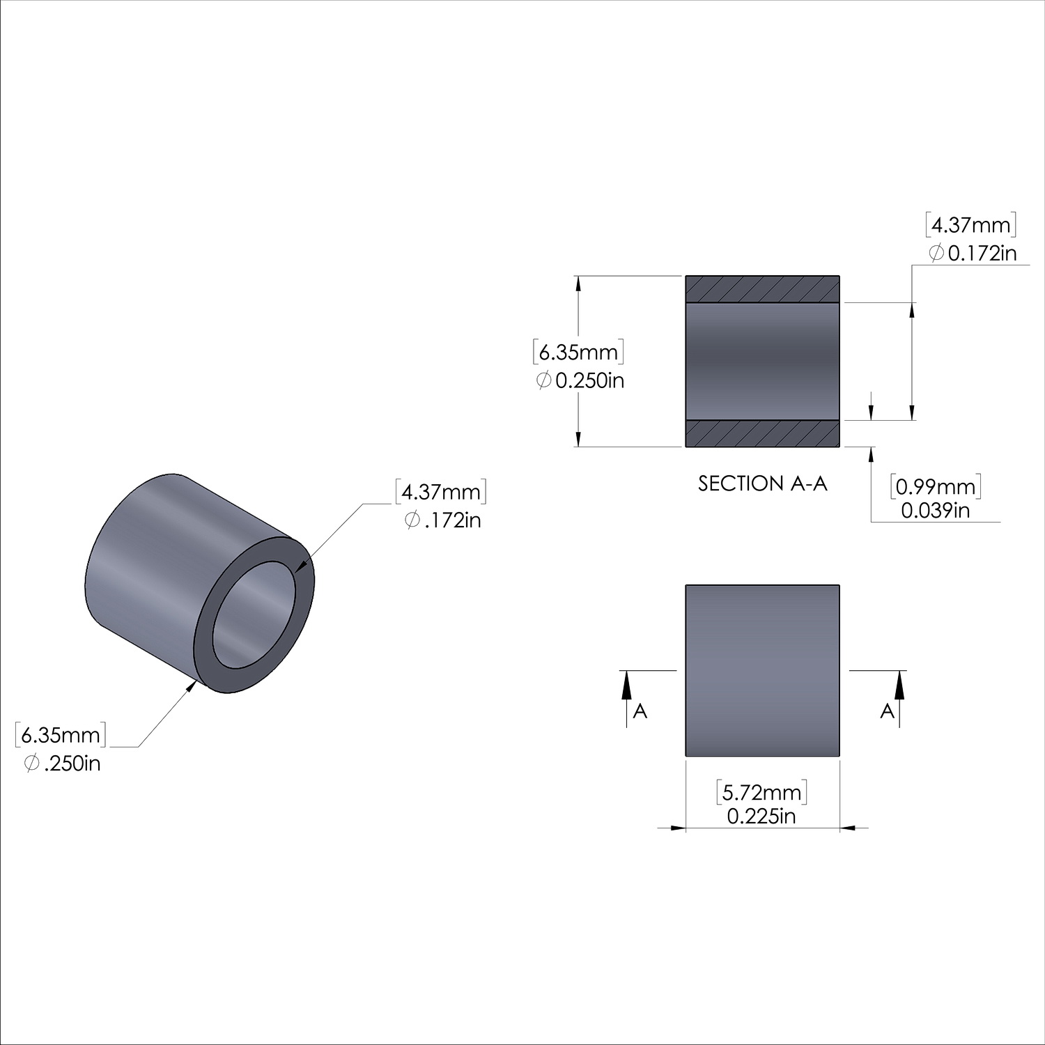 Aluminum Spacer 1/4'' OD x .172'' ID x .225'' Long