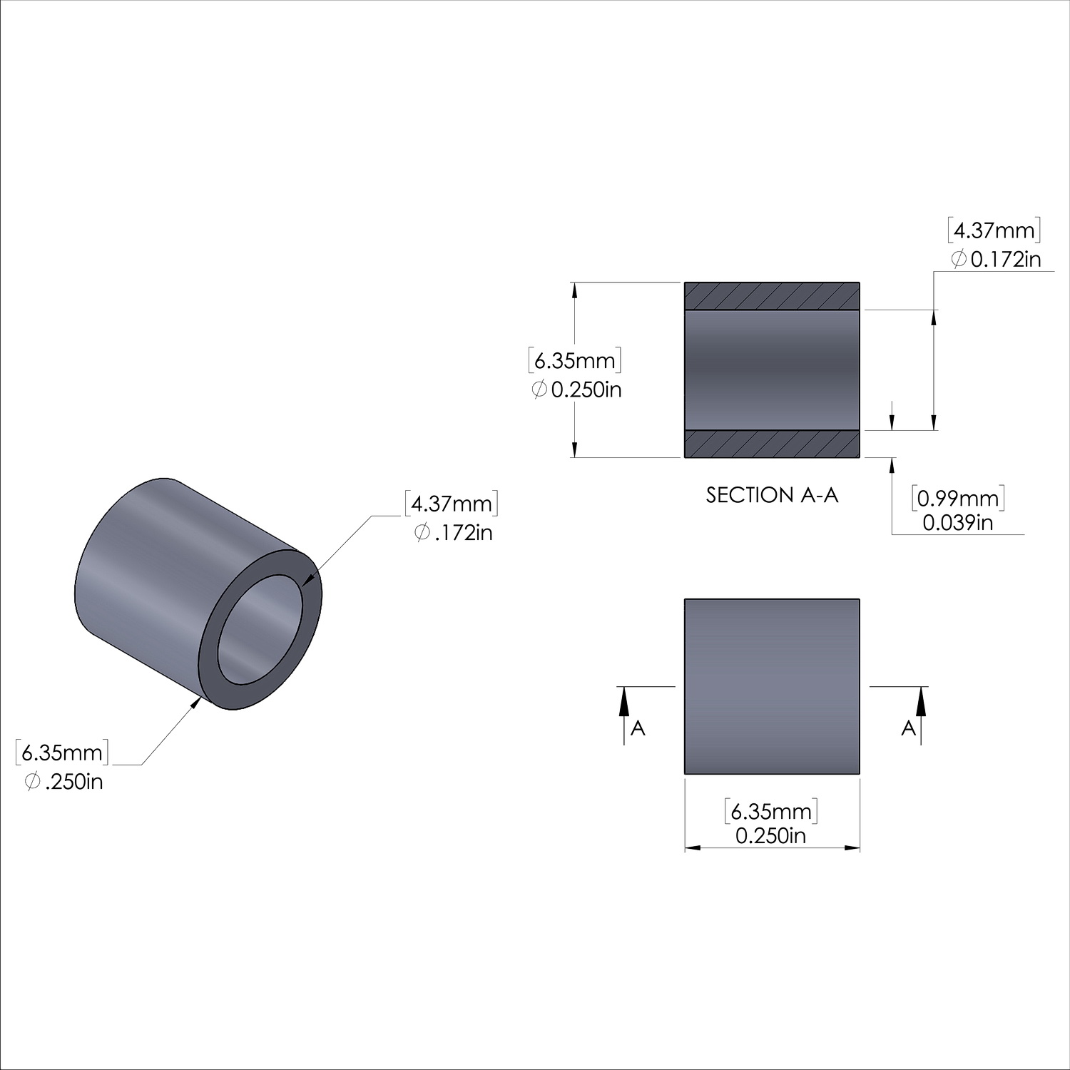 Aluminum Spacer 1/4'' OD x .172'' ID x 1/4'' Long, Plain Aluminum Finish