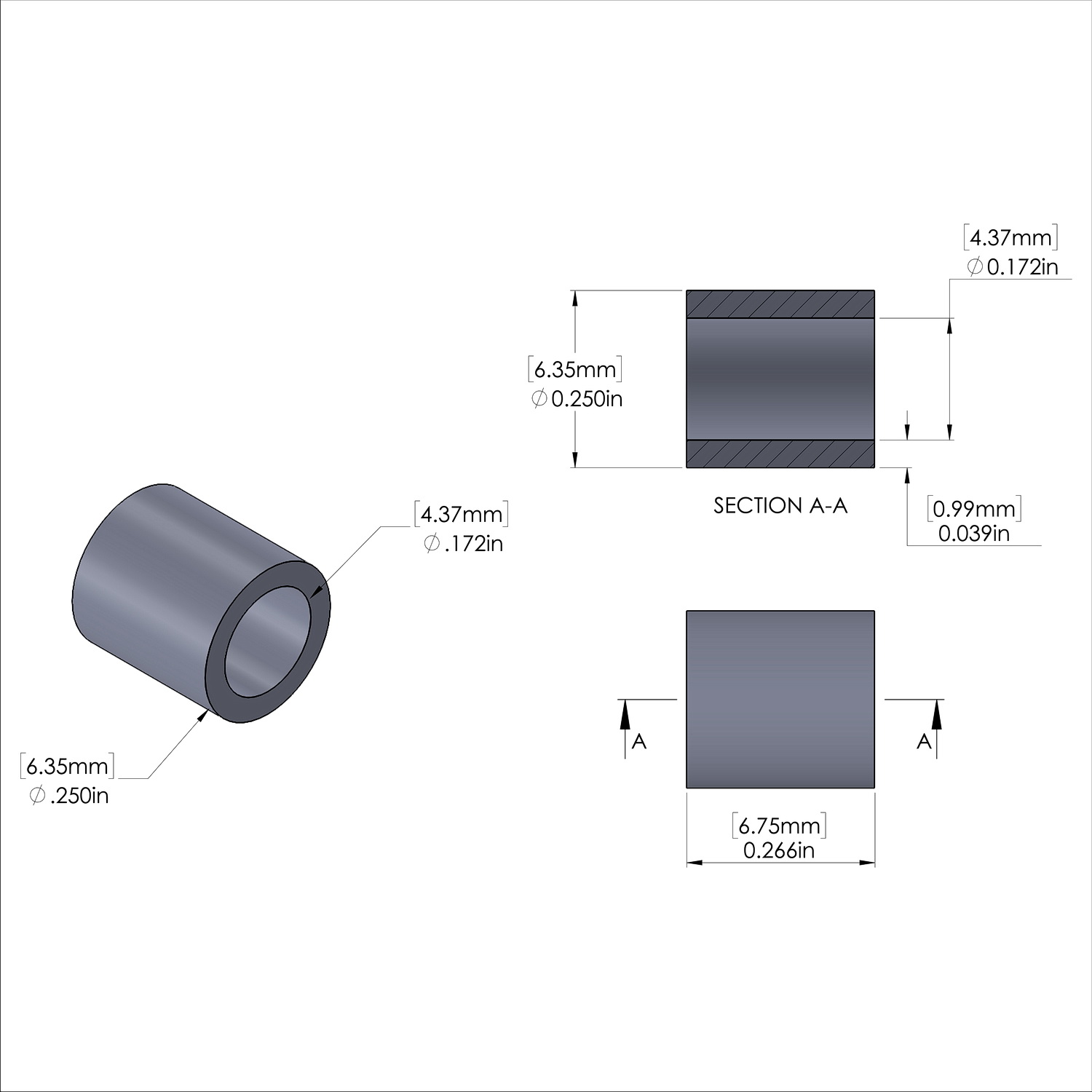 Aluminum Spacer 1/4'' OD x .172'' ID x 17/64'' Long, Plain Aluminum Finish