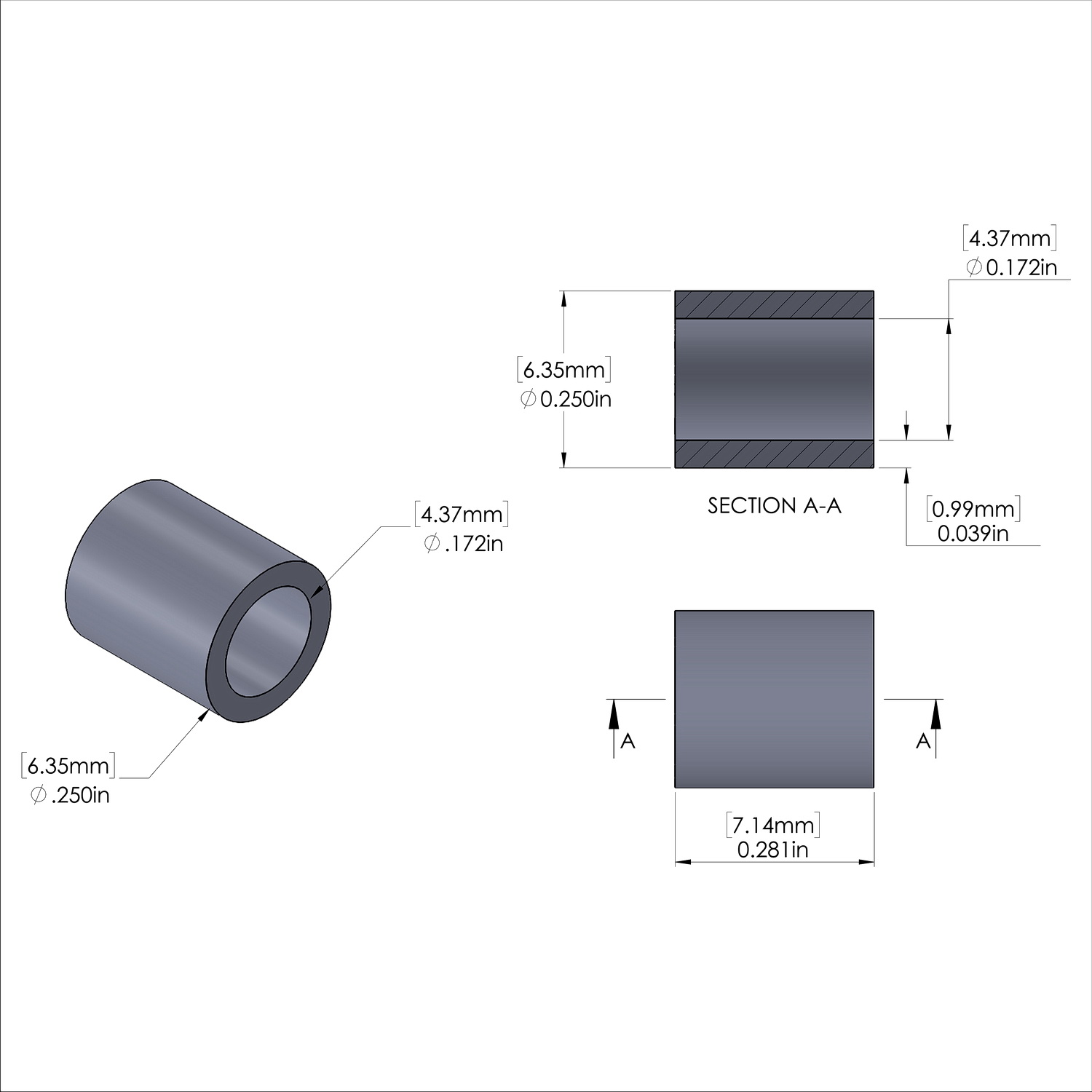 Aluminum Spacer 1/4'' OD x .172'' ID x 9/32'' Long, Plain Aluminum Finish