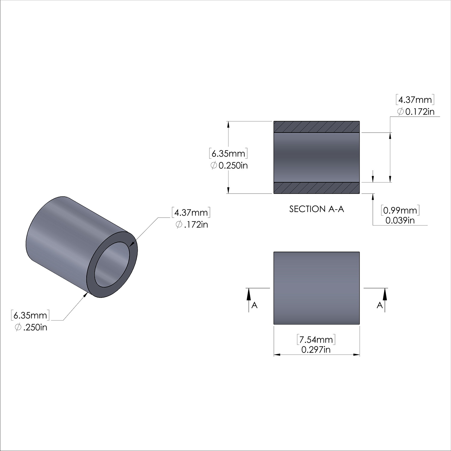 Aluminum Spacer 1/4'' OD x .172'' ID x 19/64'' Long, Plain Aluminum Finish
