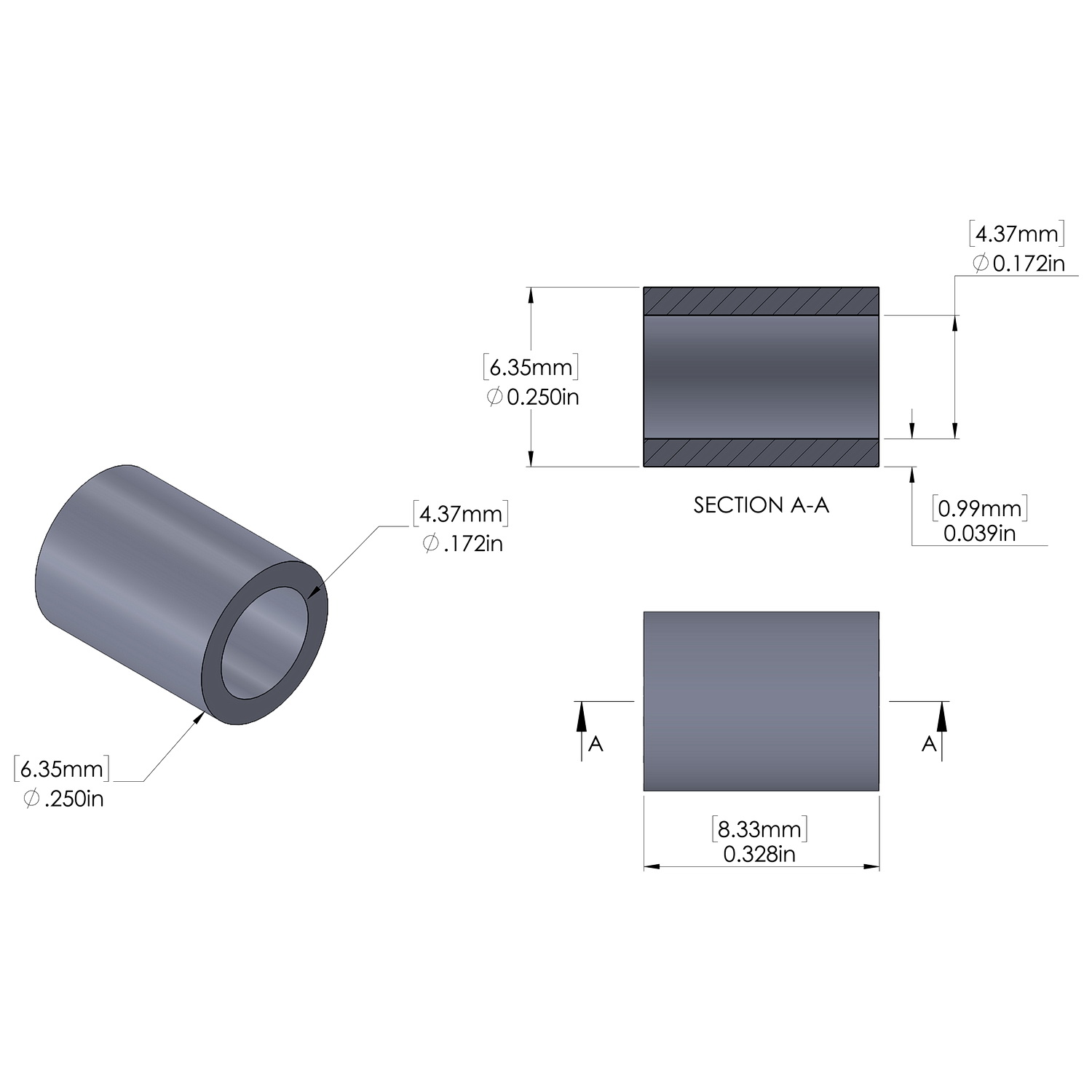 Aluminum Spacer 1/4'' OD x .172'' ID x 21/64'' Long, Plain Aluminum Finish