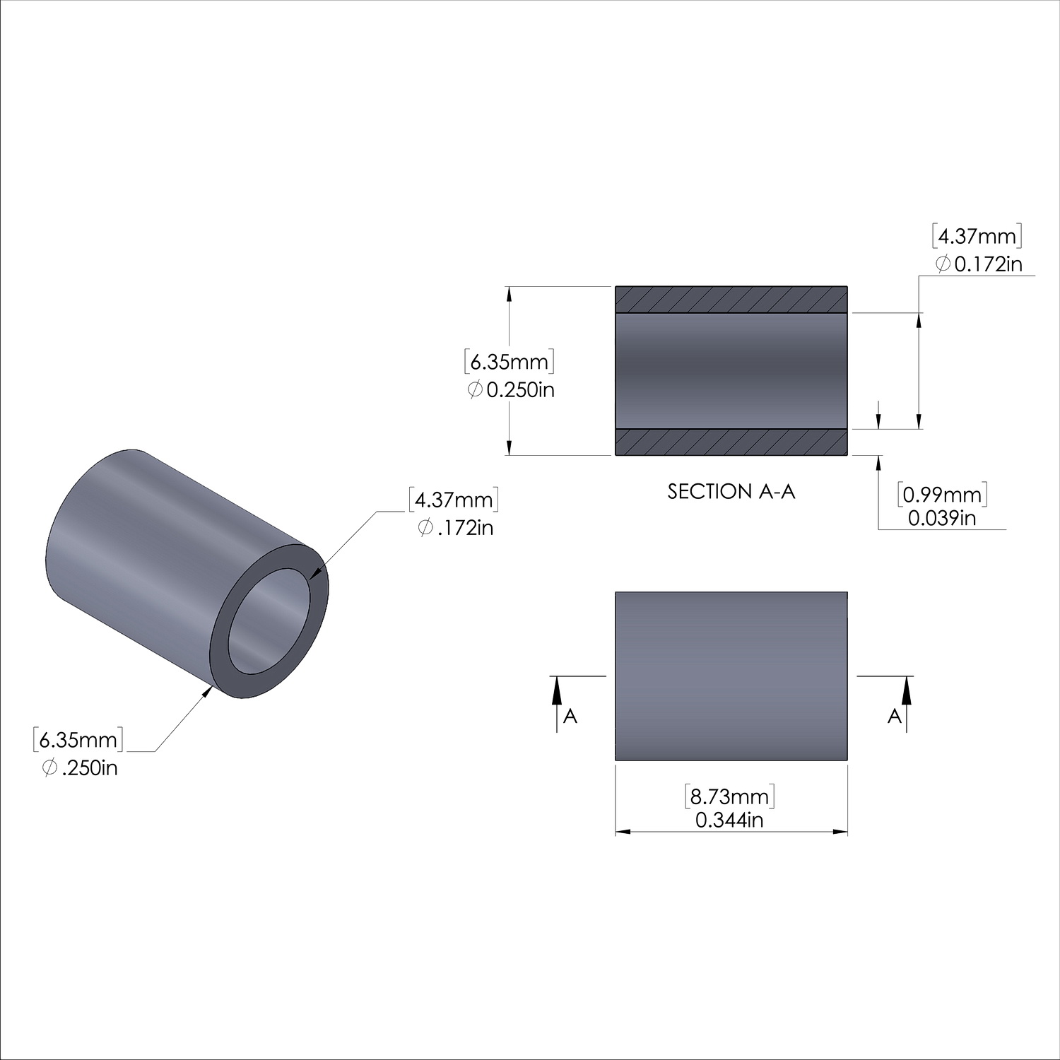 Aluminum Spacer 1/4'' OD x .172'' ID x 11/32'' Long, Plain Aluminum Finish