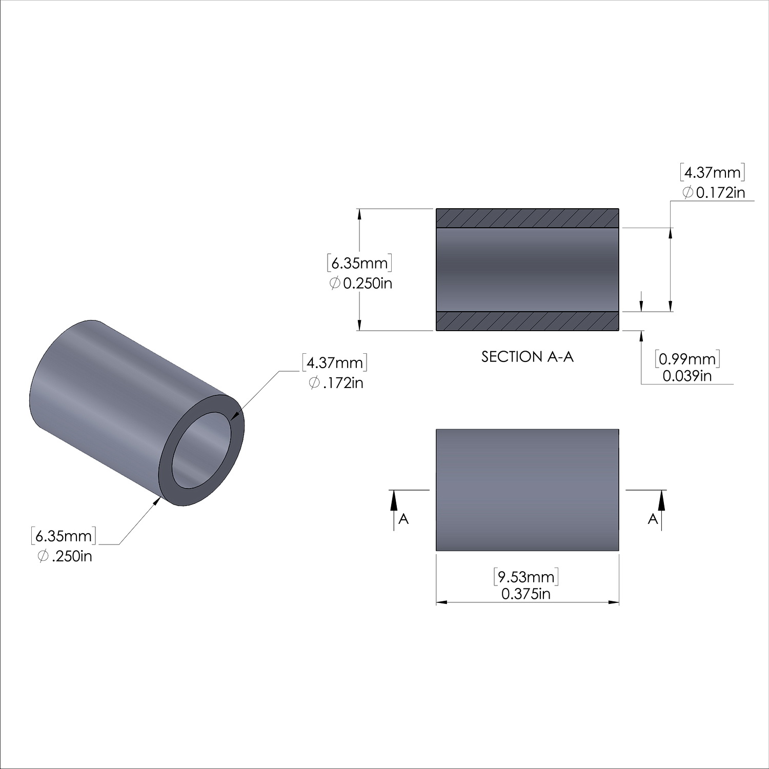 Aluminum Spacer 1/4'' OD x .172'' ID x 3/8'' Long, Plain Aluminum Finish